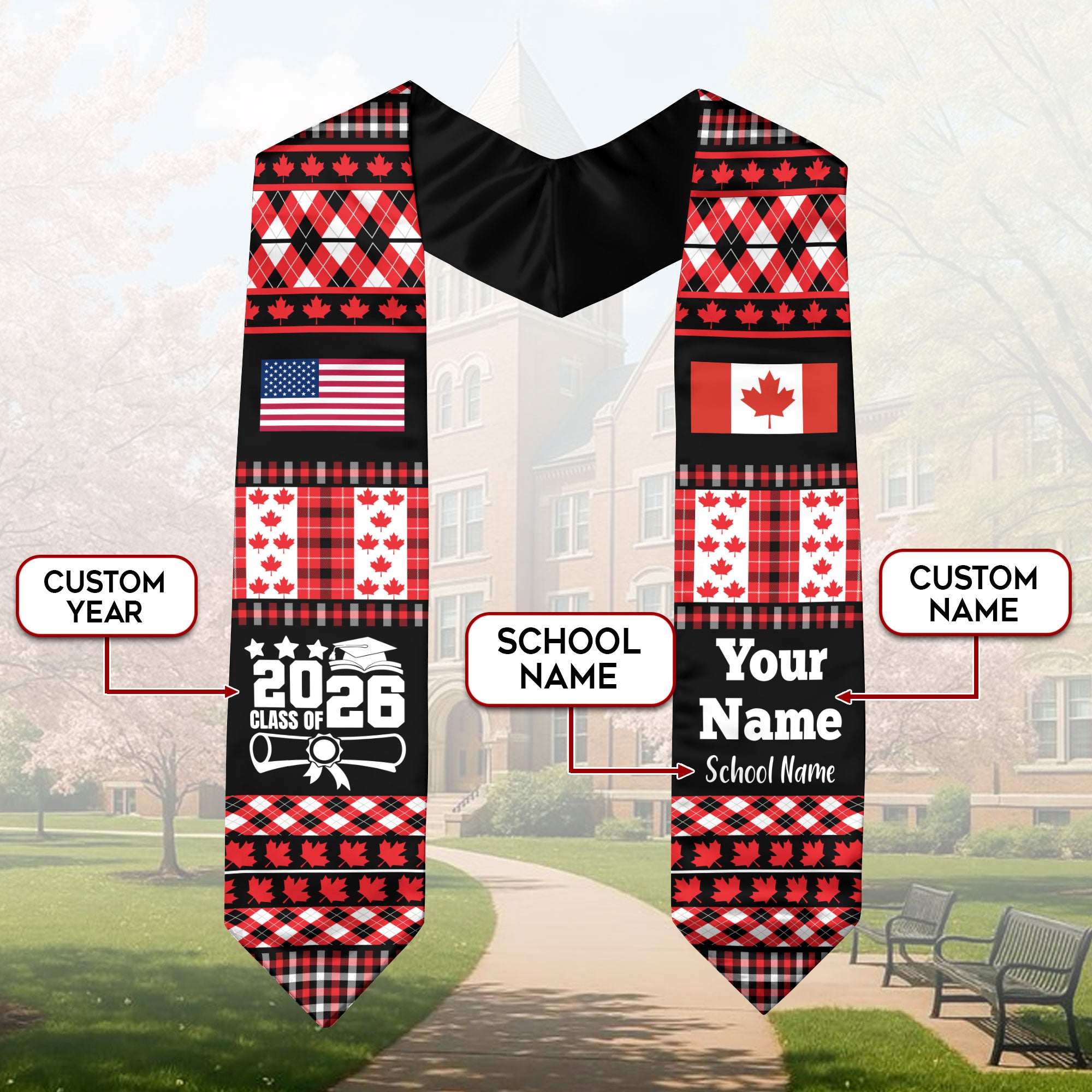 Customized Canada Graduation Stole Featuring National Flag Motif, Graduation Sash for Class of 2026