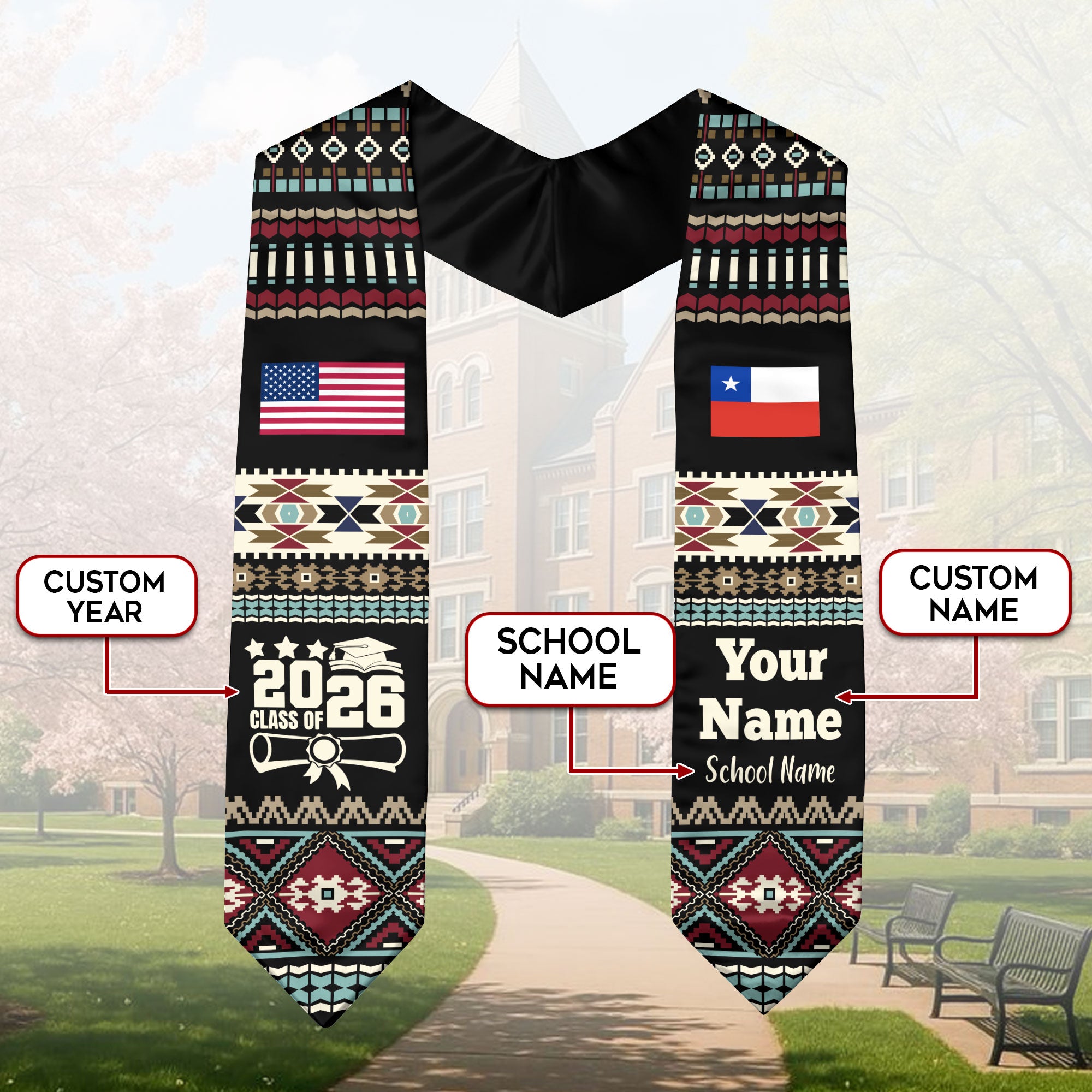 Customized Chile Graduation Stole Featuring National Flag Motif, Graduation Sash for Class of 2026