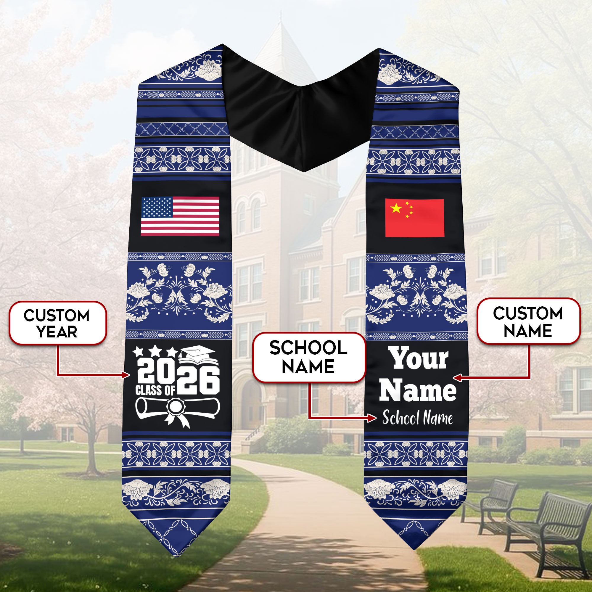 Customized China Graduation Stole Featuring National Flag Motif, Graduation Sash for Class of 2026