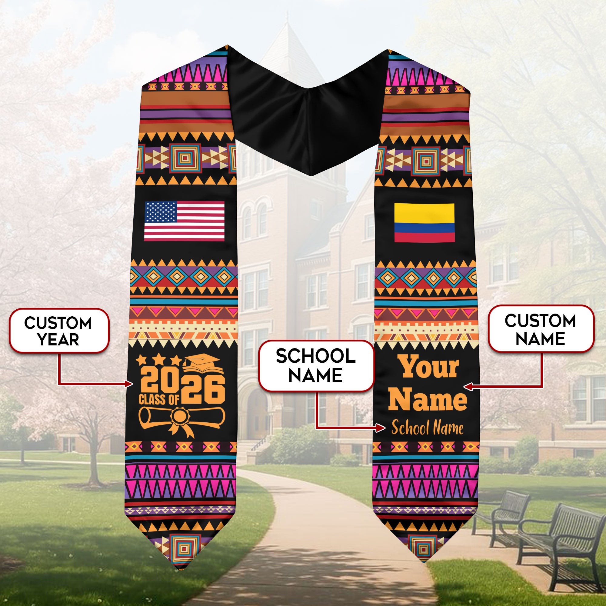 Customized Colombia Graduation Stole Featuring National Flag Motif, Graduation Sash for Class of 2026