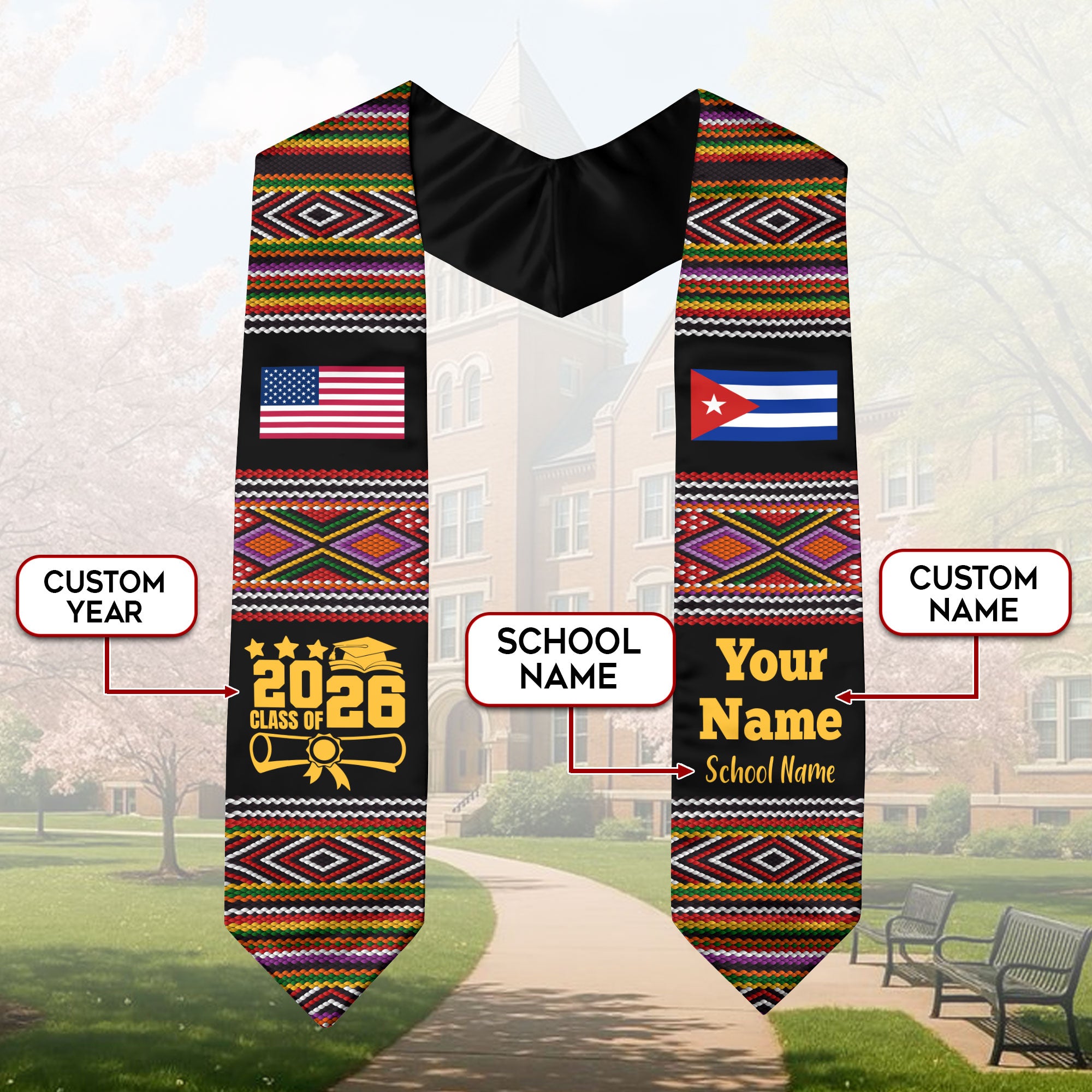 Customized Cuba Graduation Stole Featuring National Flag Motif, Graduation Sash for Class of 2026
