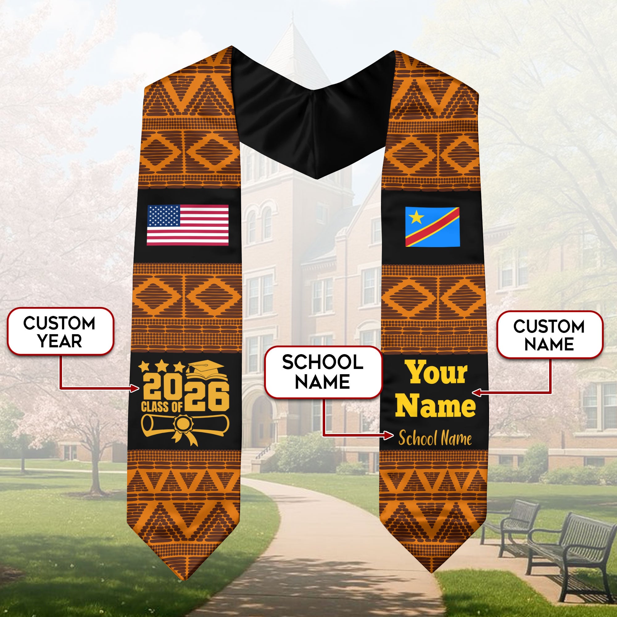 Customized DR Congo Graduation Stole Featuring National Flag Motif, Graduation Sash for Class of 2026
