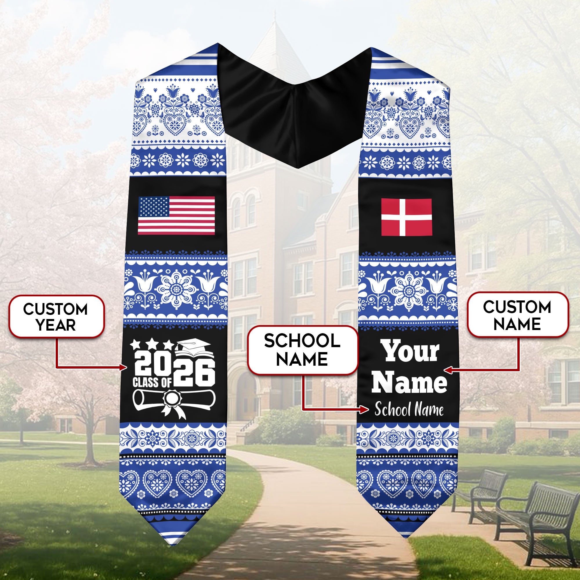 Customized Denmark Graduation Stole Featuring National Flag Motif, Graduation Sash for Class of 2026