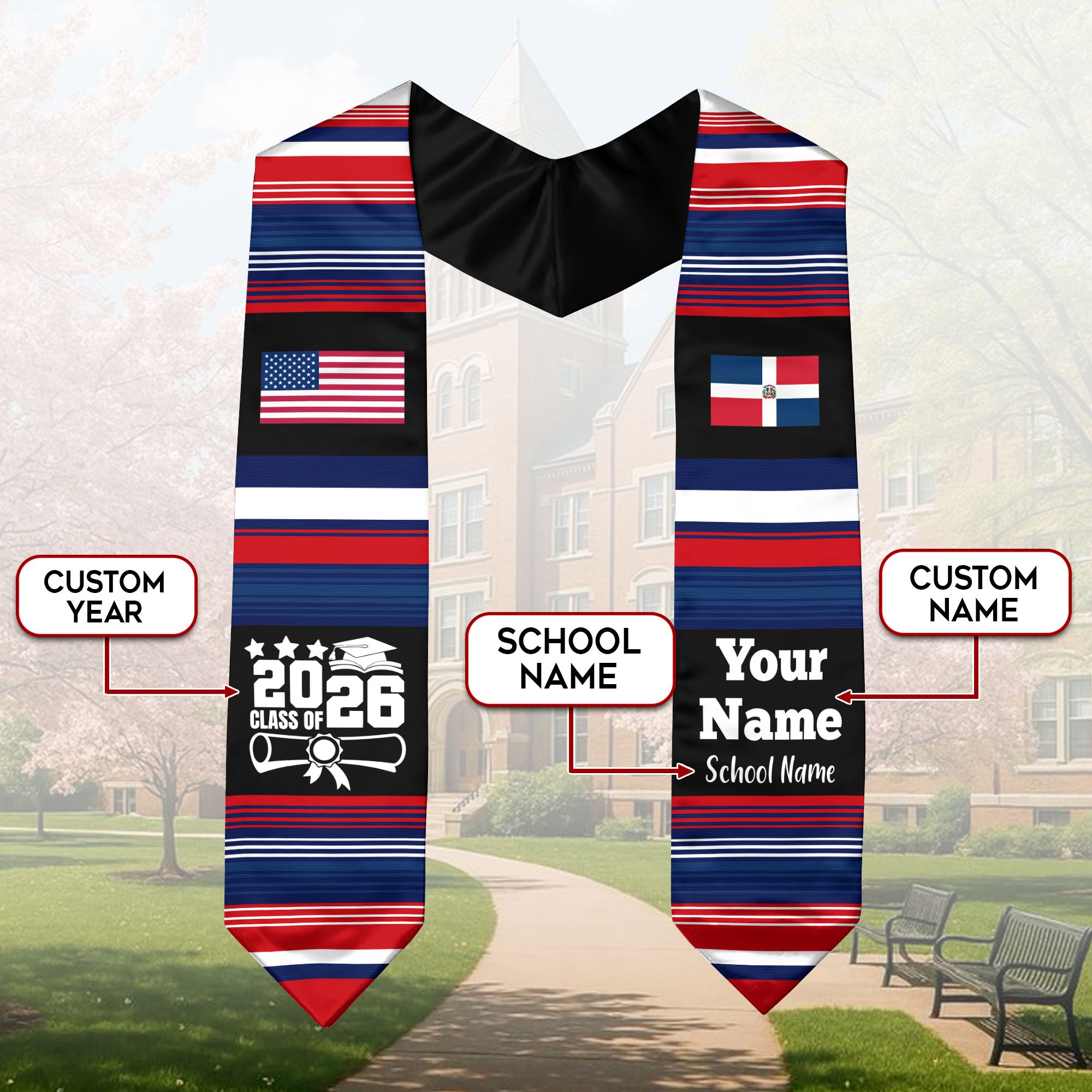 Customized Dominican Republic Graduation Stole Featuring Flag Motif, Graduation Sash for Class of 2026