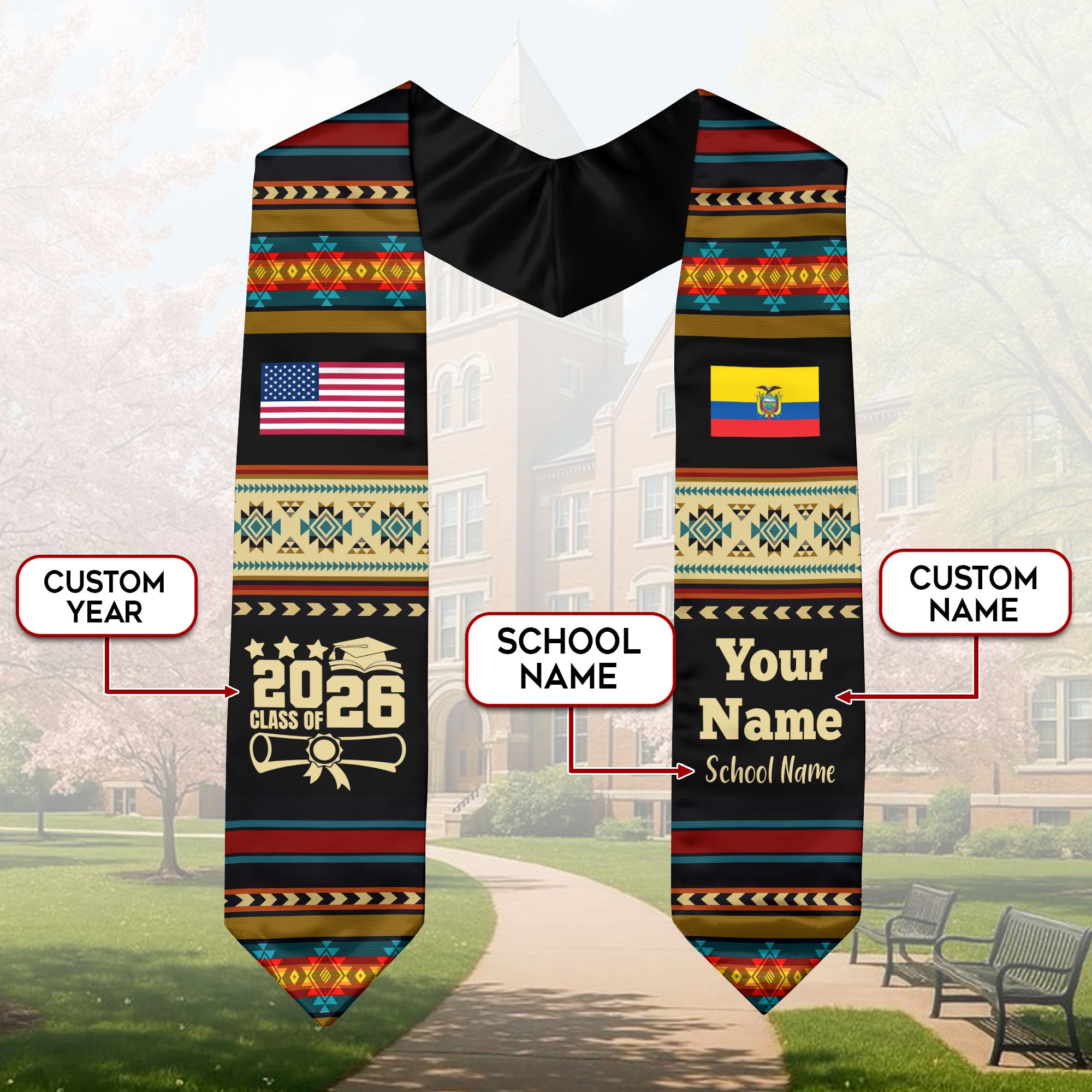 Customized Ecuador Graduation Stole Featuring National Flag Motif, Graduation Sash for Class of 2026