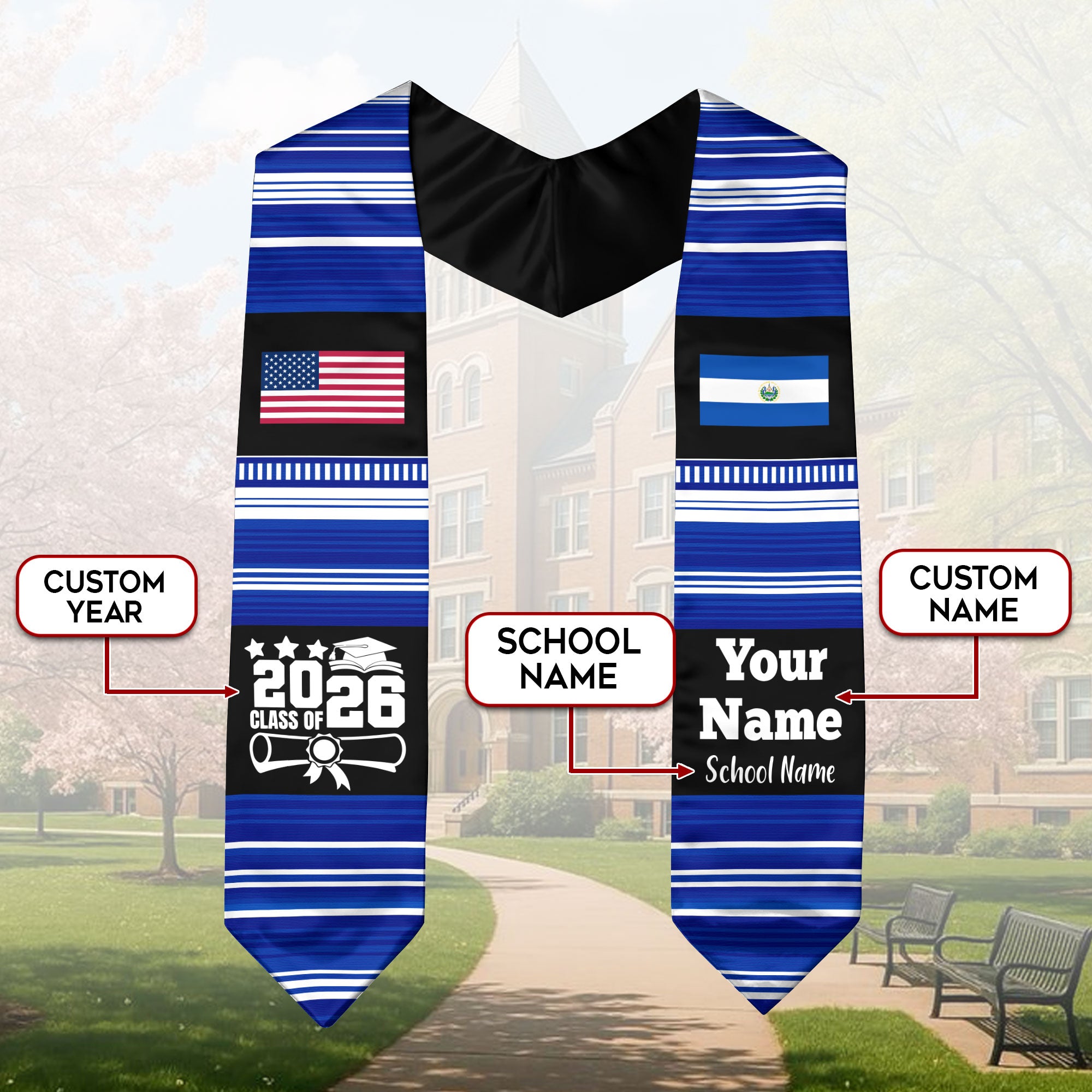 Customized El Salvador Graduation Stole Featuring National Flag Motif, Graduation Sash for Class of 2026