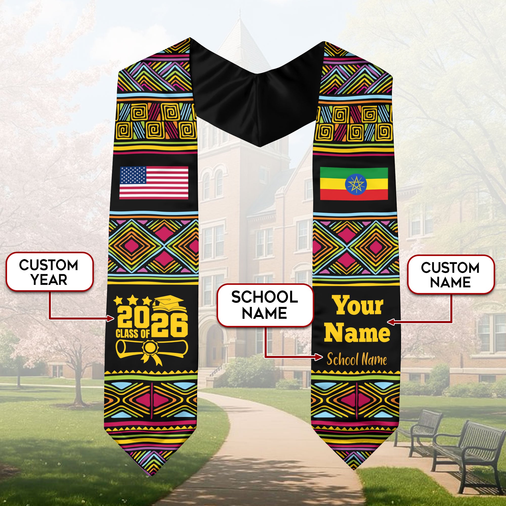 Customized Ethiopia Graduation Stole Featuring National Flag Motif, Graduation Sash for Class of 2026