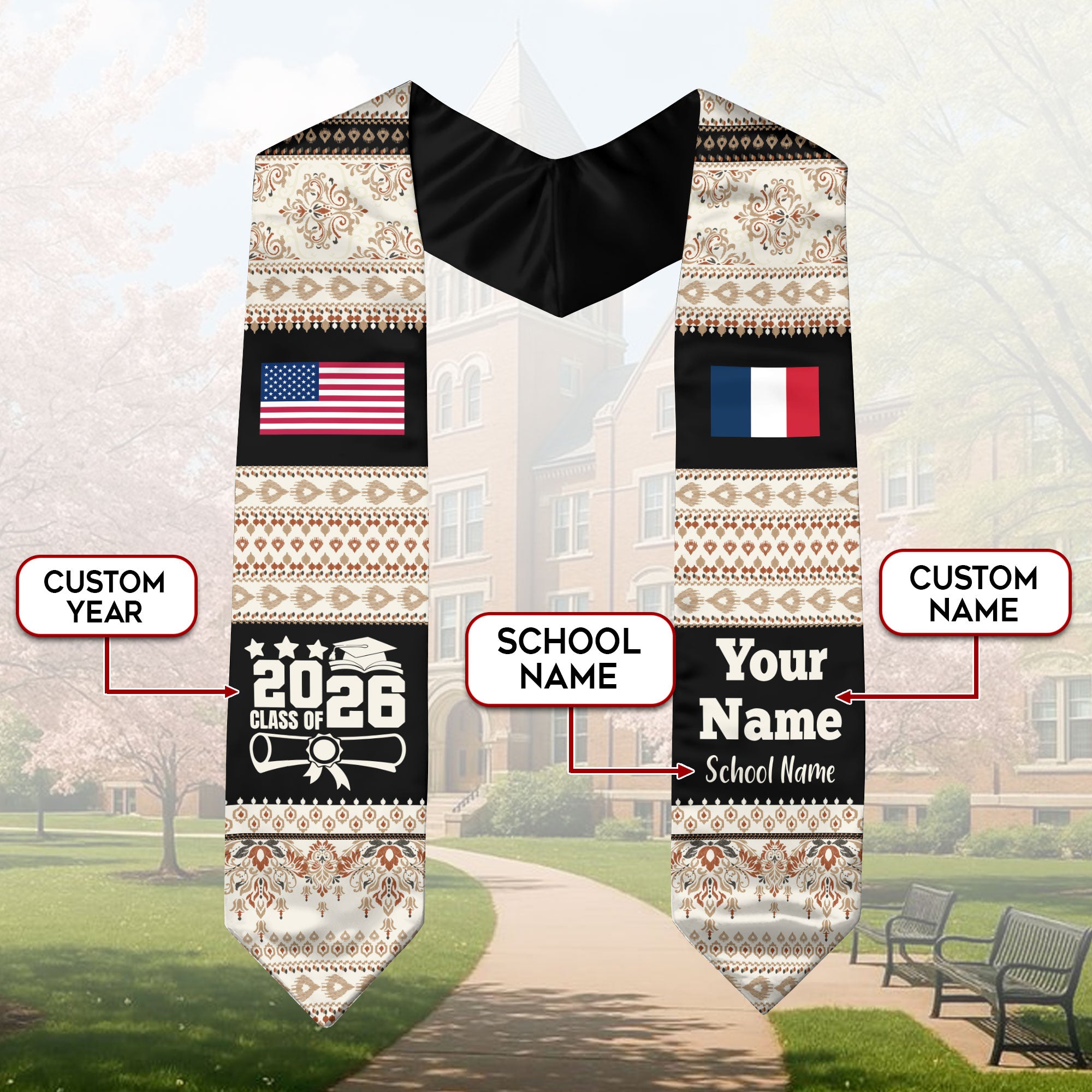 Customized France Graduation Stole Featuring National Flag Motif, Graduation Sash for Class of 2026