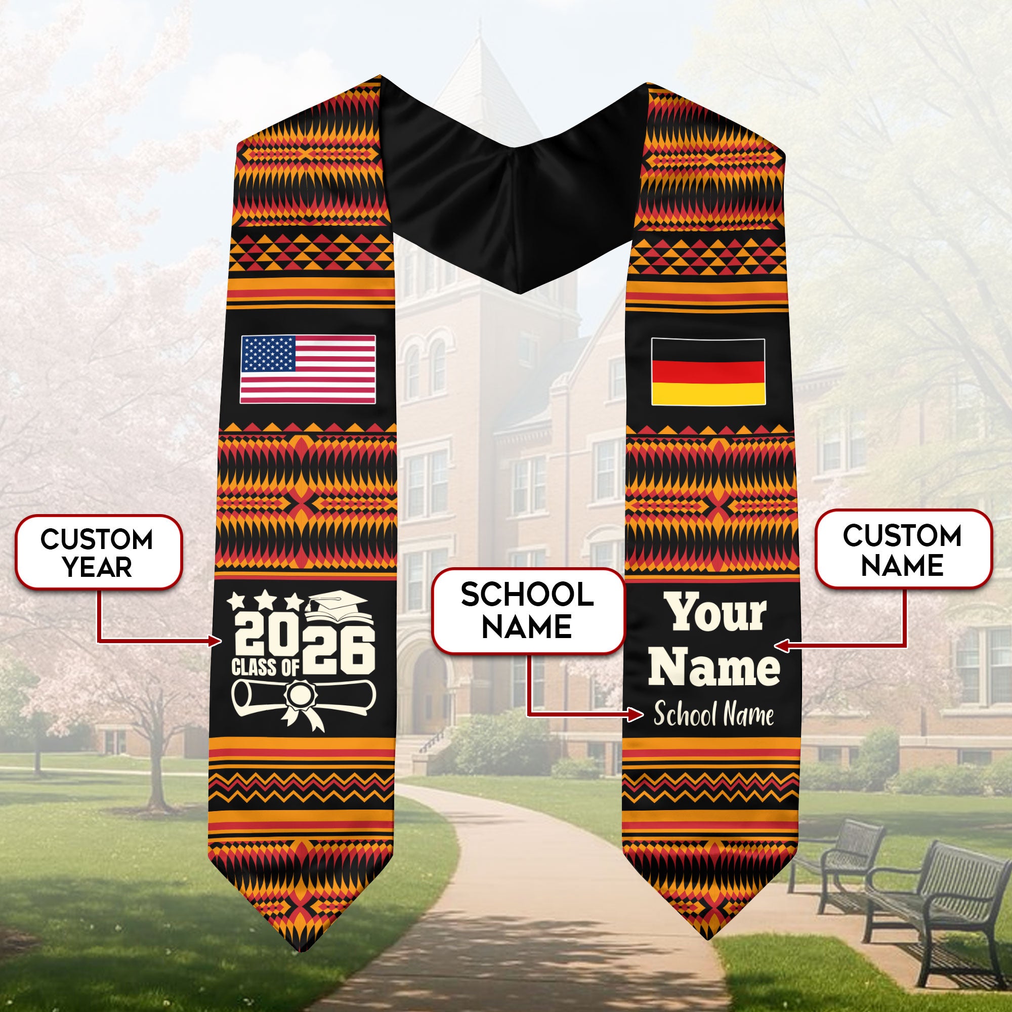 Customized Germany Graduation Stole Featuring National Flag Motif, Graduation Sash for Class of 2026