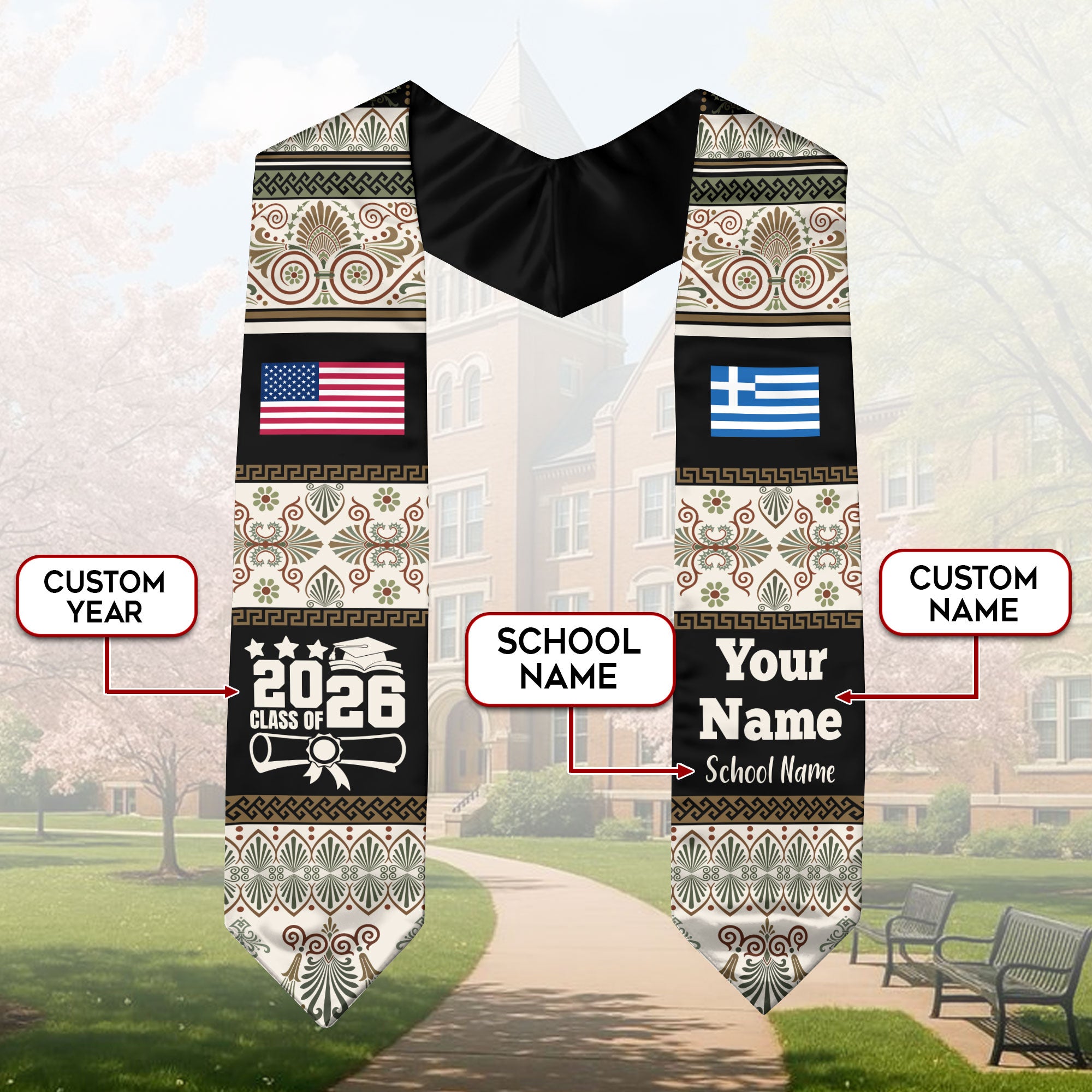 Customized Greece Graduation Stole Featuring National Flag Motif, Graduation Sash for Class of 2026
