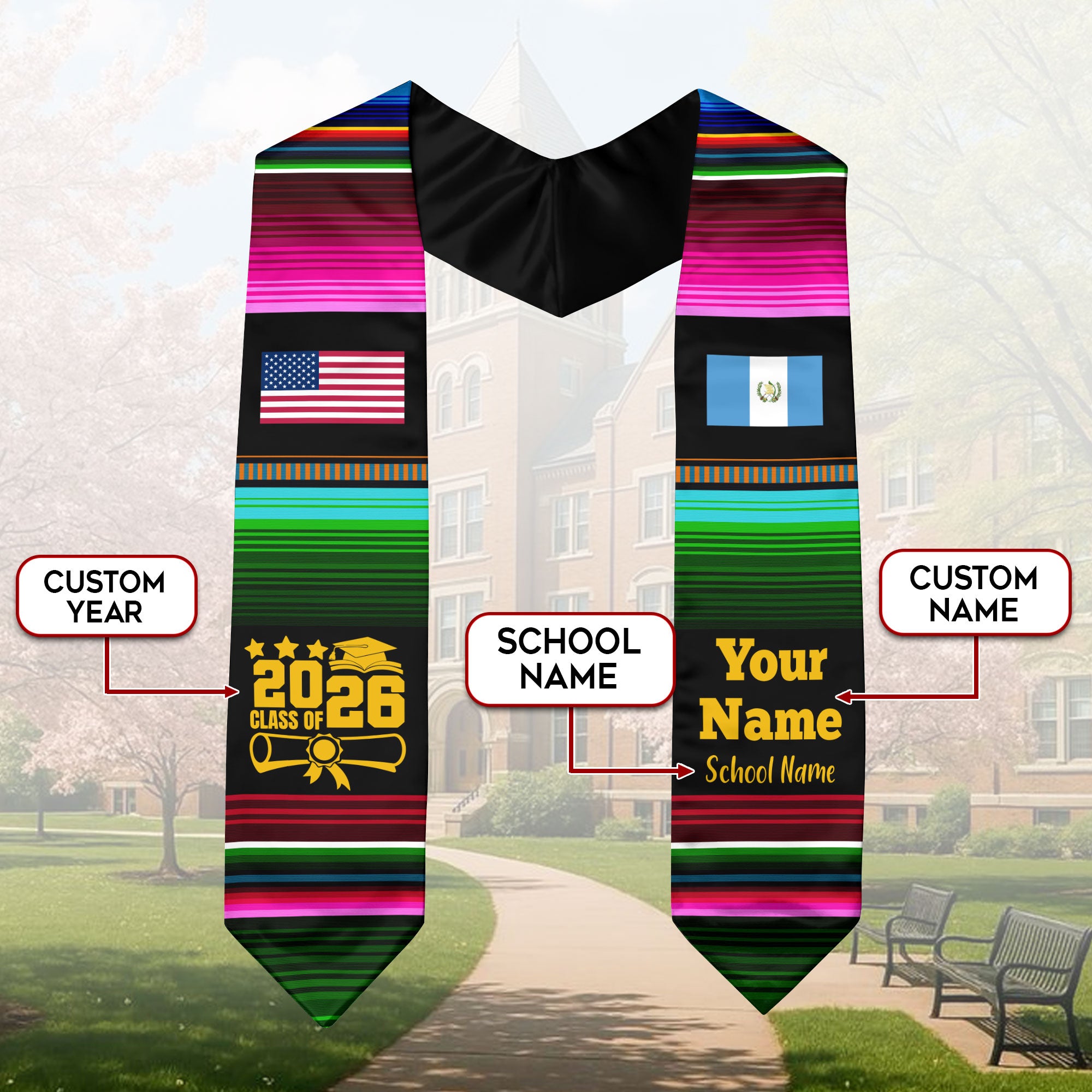 Customized Guatemala Graduation Stole Featuring National Flag Motif, Graduation Sash for Class of 2026