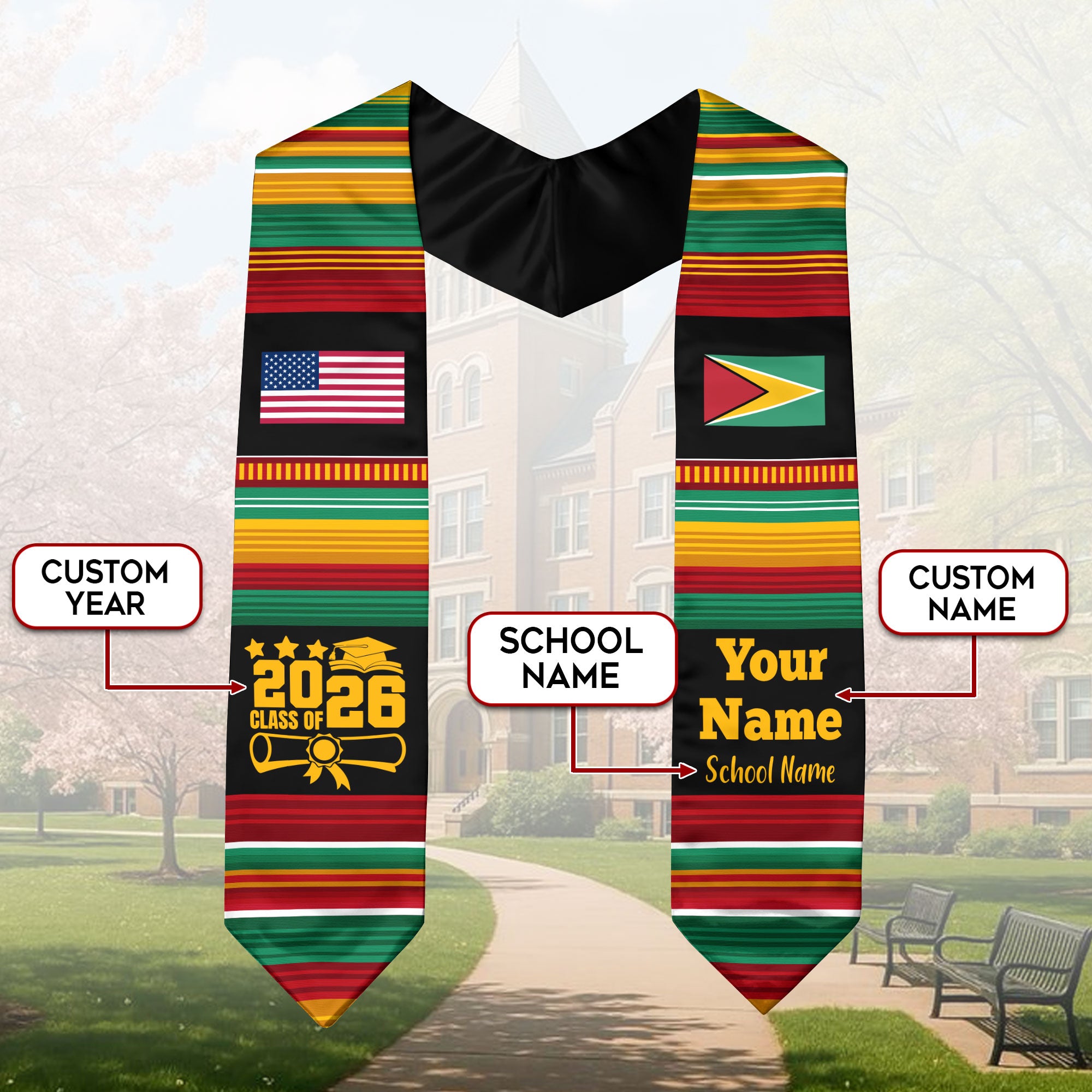 Customized Guyana Graduation Stole Featuring National Flag Motif, Graduation Sash for Class of 2026