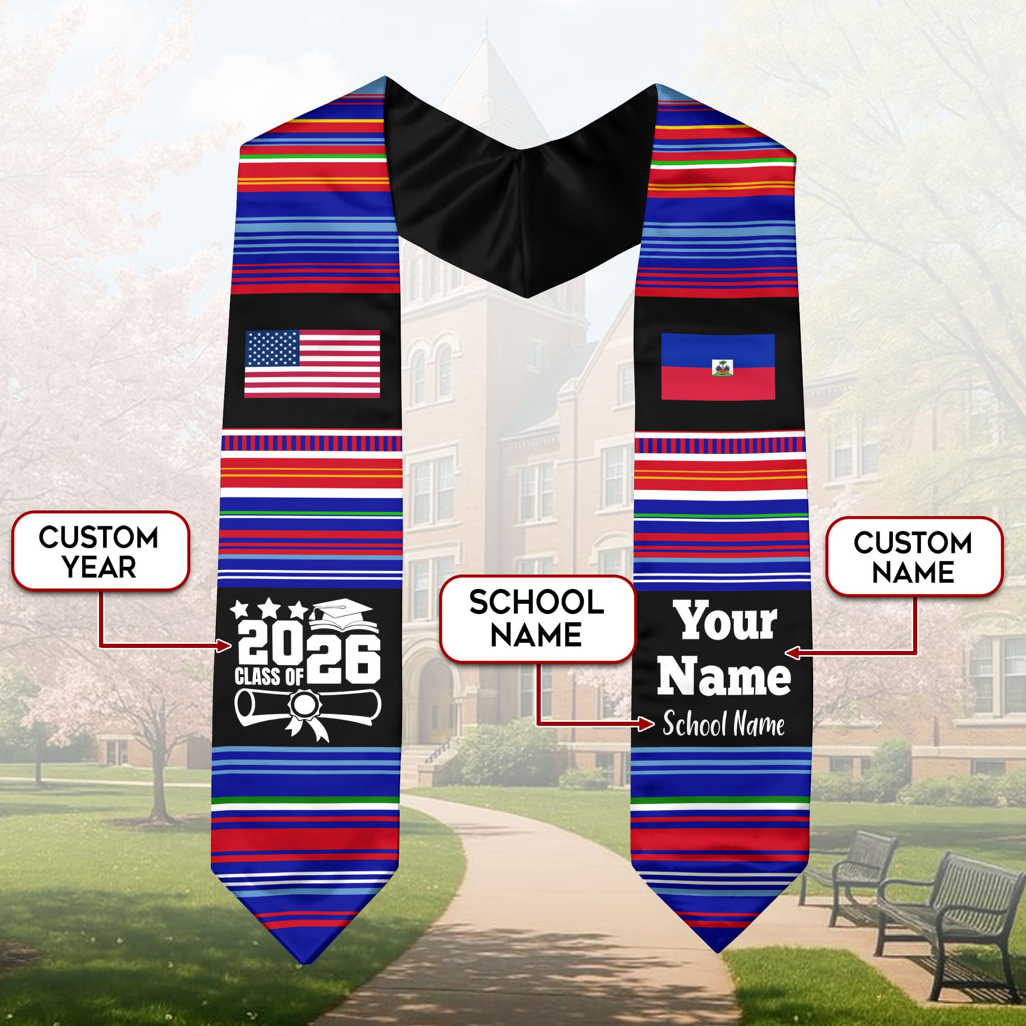 Customized Haiti Graduation Stole Featuring National Flag Motif, Graduation Sash for Class of 2026