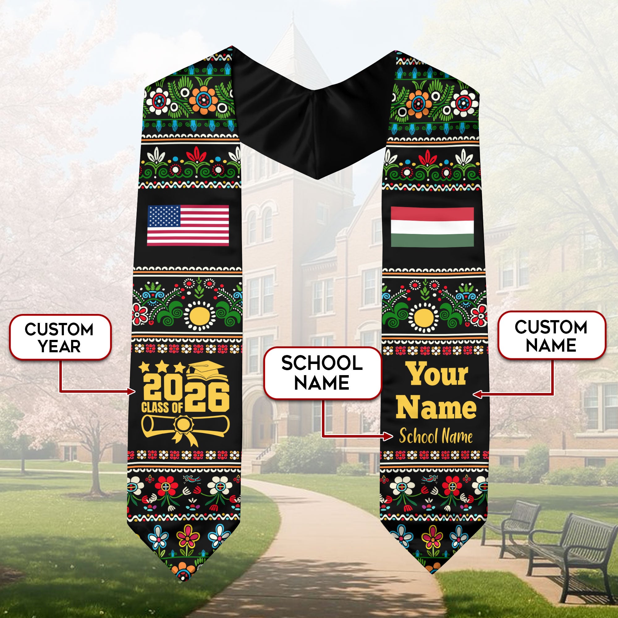 Customized Hungary Graduation Stole Featuring National Flag Motif, Graduation Sash for Class of 2026