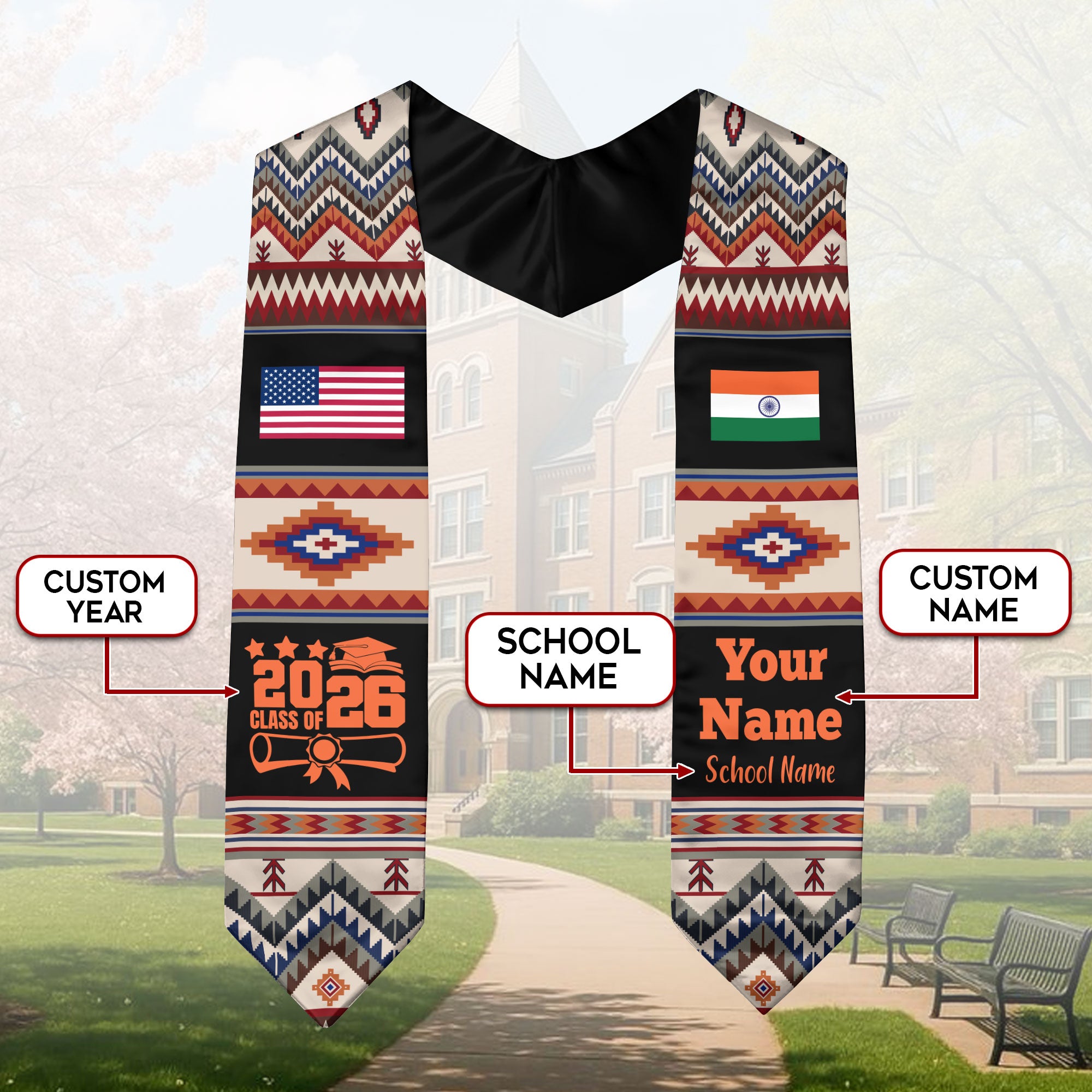 Customized India Graduation Stole Featuring National Flag Motif, Graduation Sash for Class of 2026
