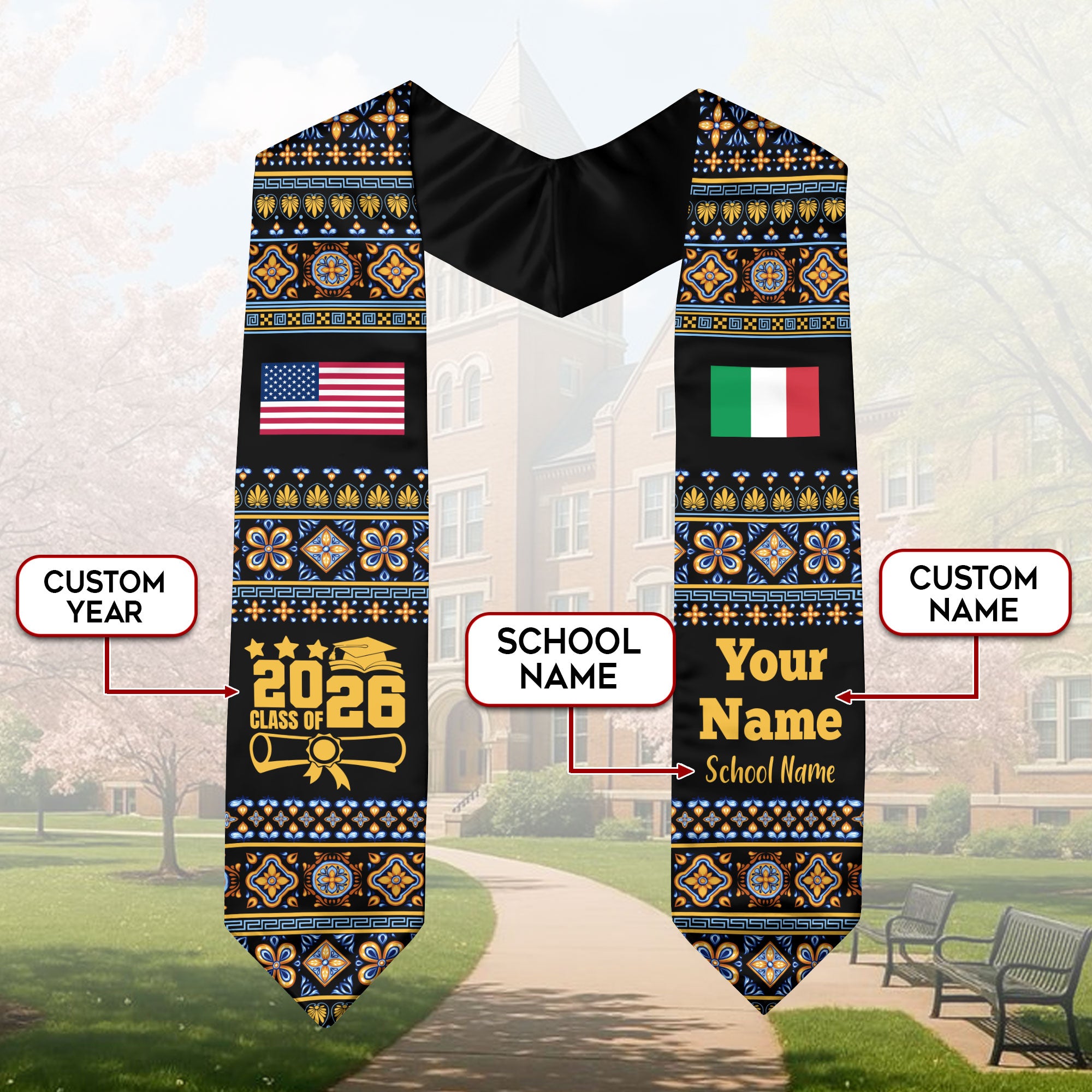 Customized Italy Graduation Stole Featuring National Flag Motif, Graduation Sash for Class of 2026