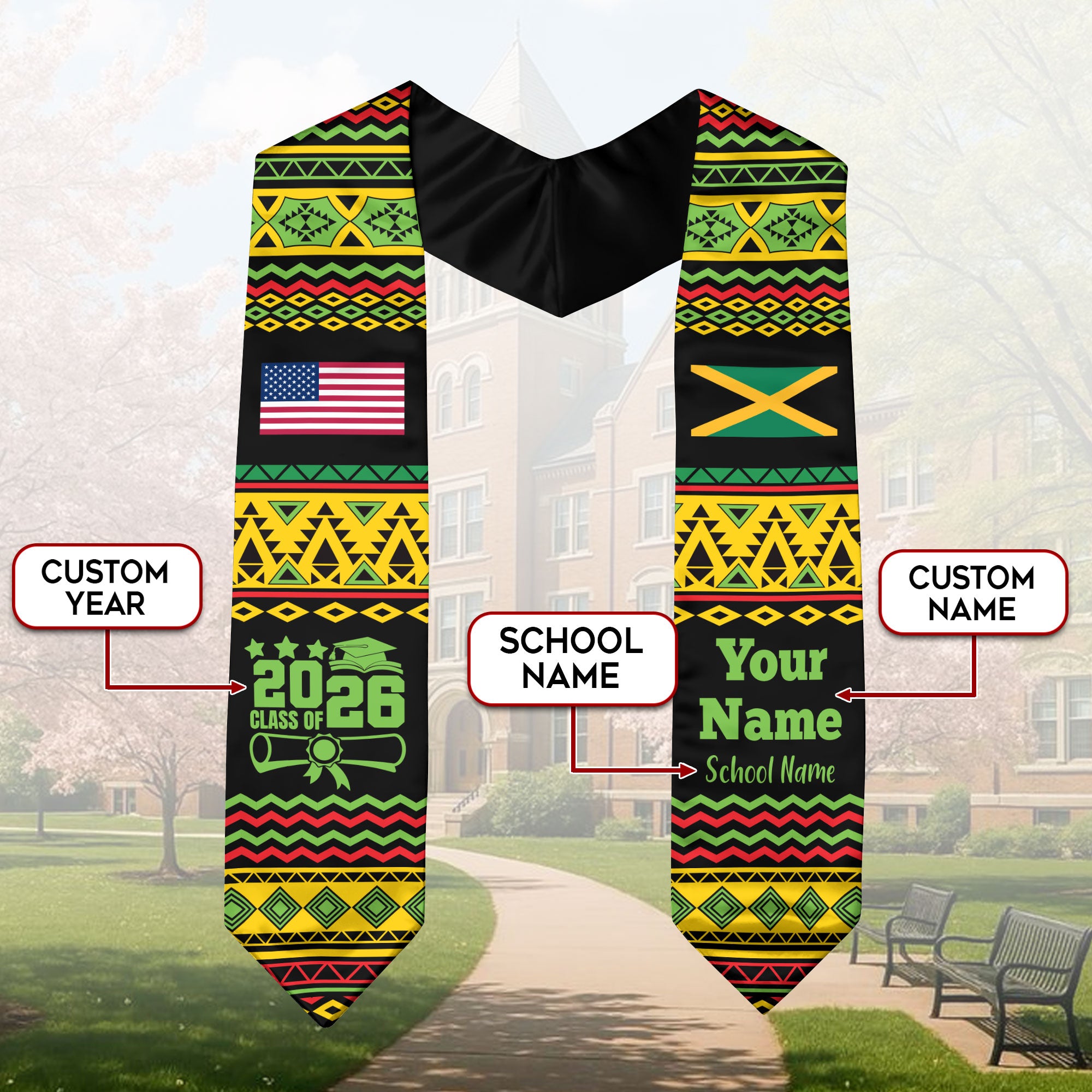 Customized Jamaica Graduation Stole Featuring National Flag Motif, Graduation Sash for Class of 2026
