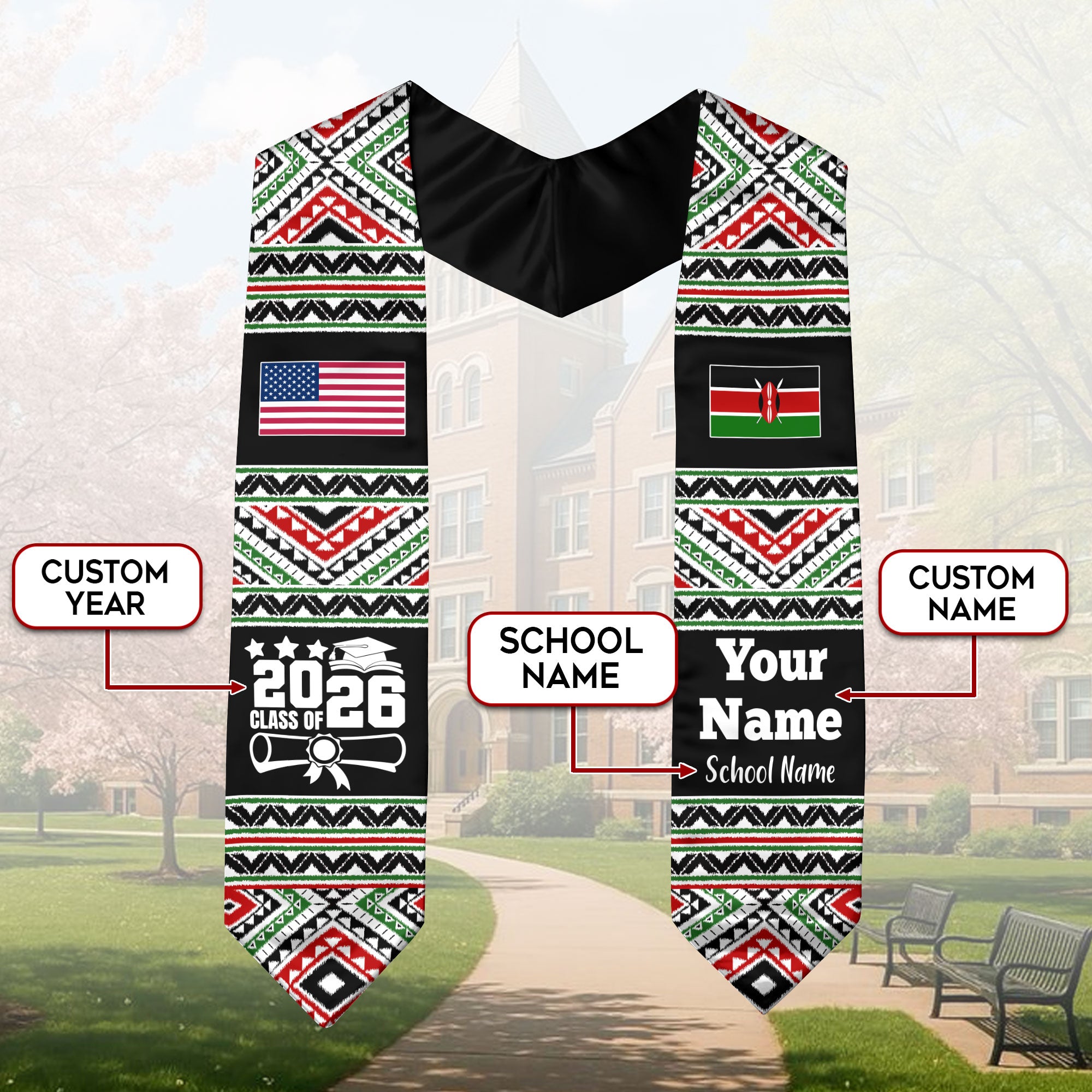 Customized Kenya Graduation Stole Featuring National Flag Motif, Graduation Sash for Class of 2026
