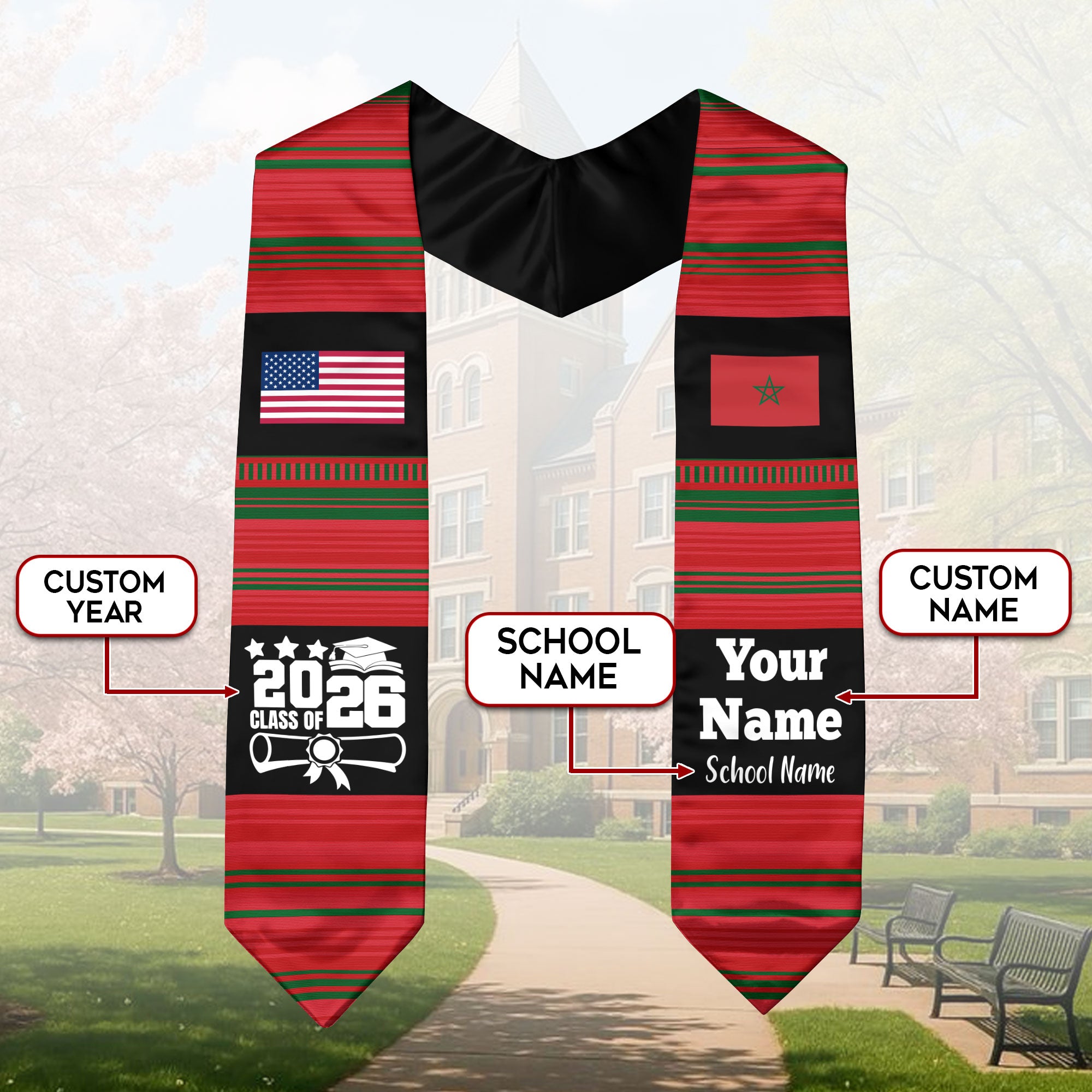 Customized Morocco Graduation Stole Featuring National Flag Motif, Graduation Sash for Class of 2026