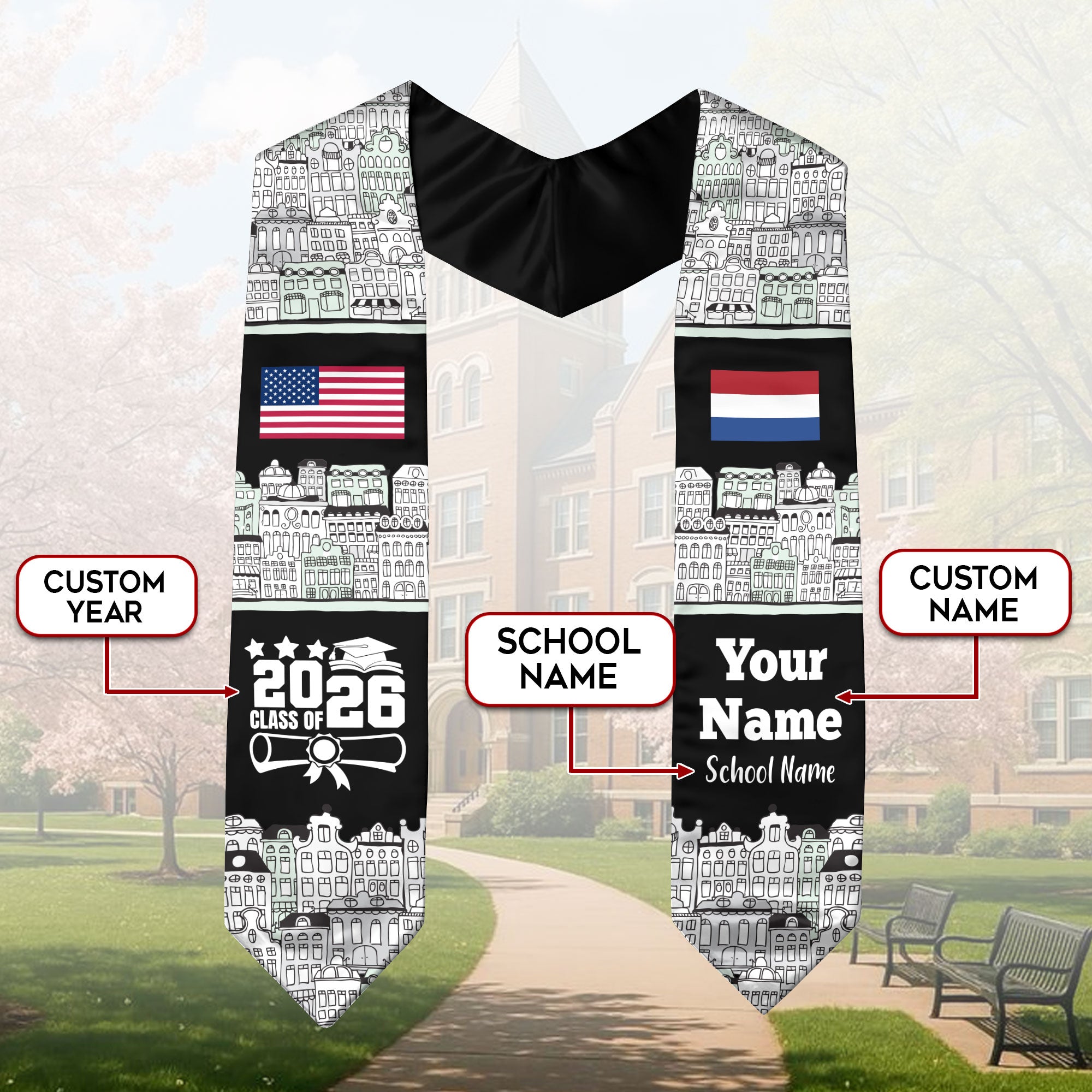 Customized Netherlands Graduation Stole Featuring National Flag Motif, Graduation Sash for Class of 2026
