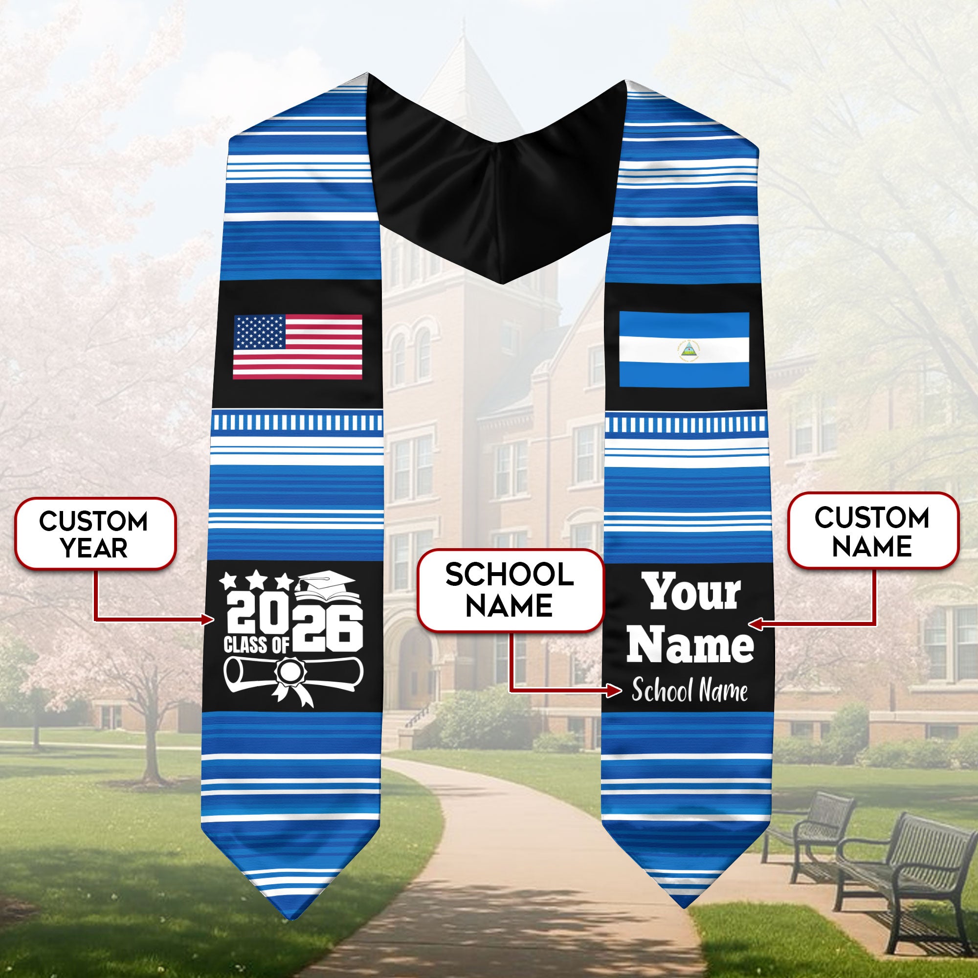 Customized Nicaragua Graduation Stole Featuring National Flag Motif, Graduation Sash for Class of 2026