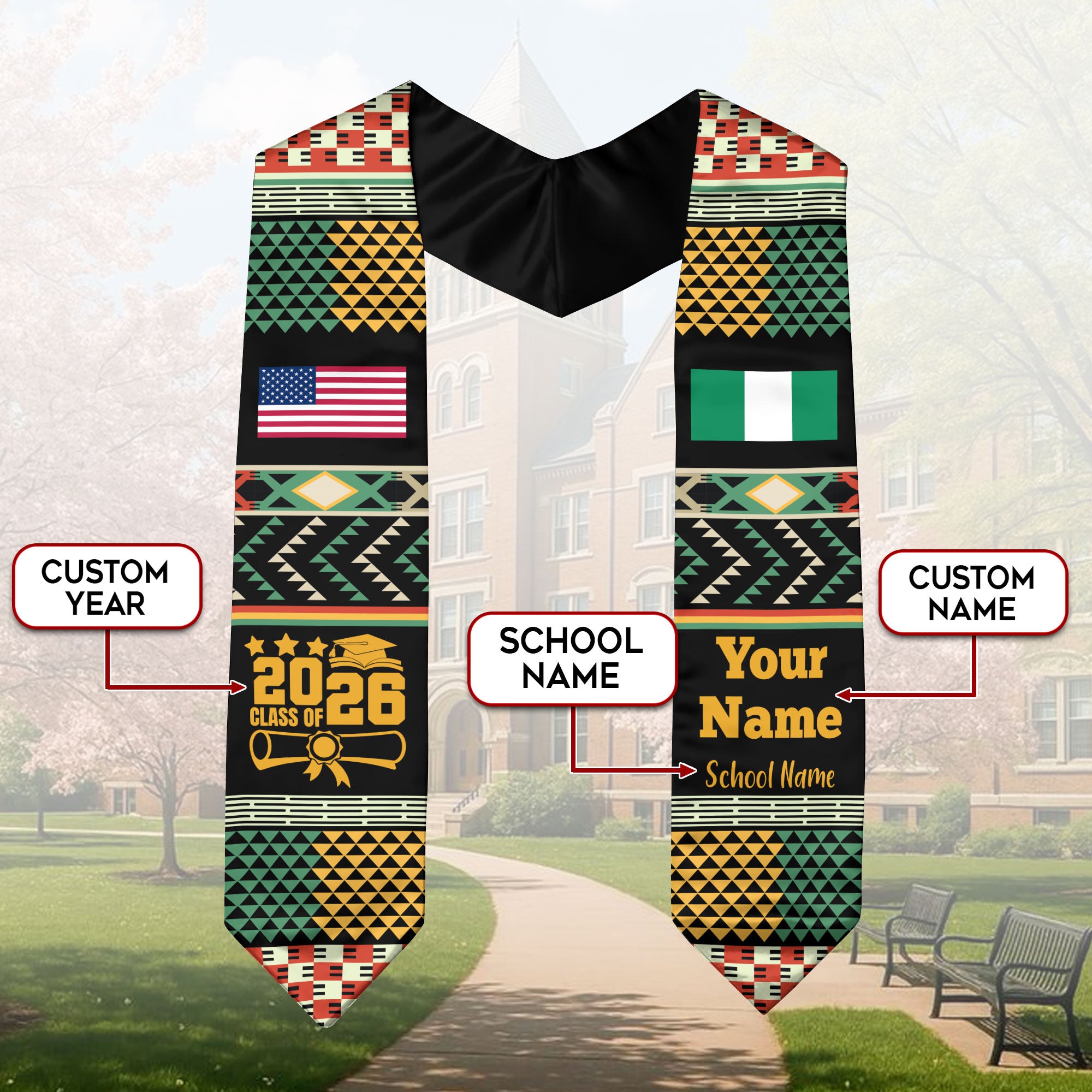 Customized Nigeria Graduation Stole Featuring National Flag Motif, Graduation Sash for Class of 2026