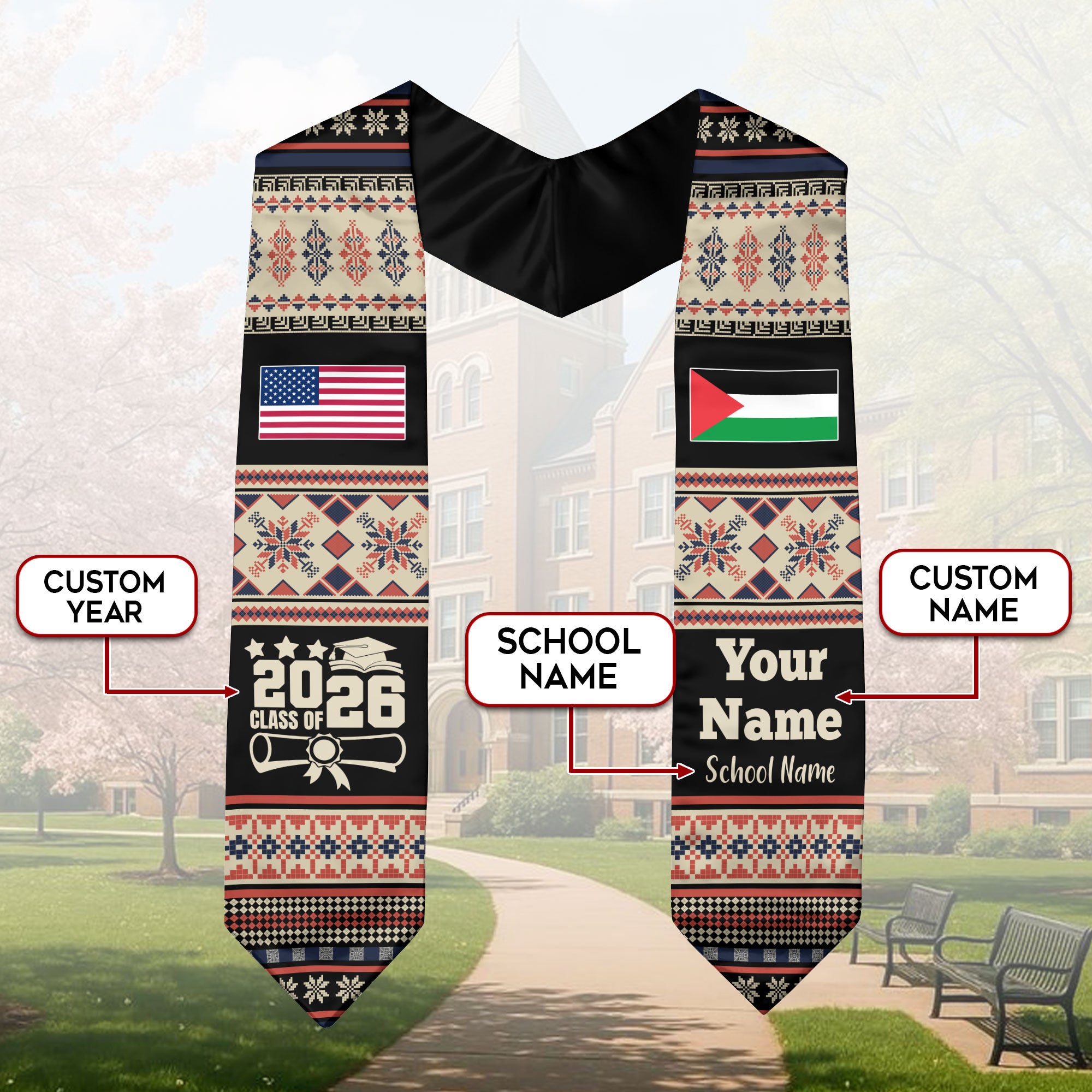 Customized Palestine Graduation Stole Featuring National Flag Motif, Graduation Sash for Class of 2026