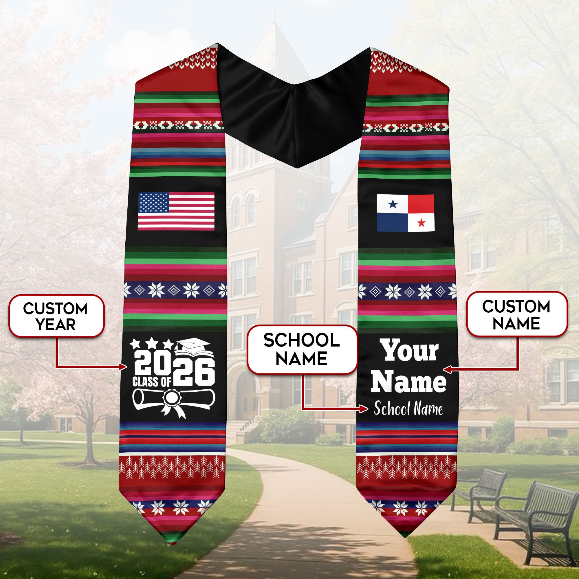 Customized Panama Graduation Stole Featuring National Flag Motif, Graduation Sash for Class of 2026