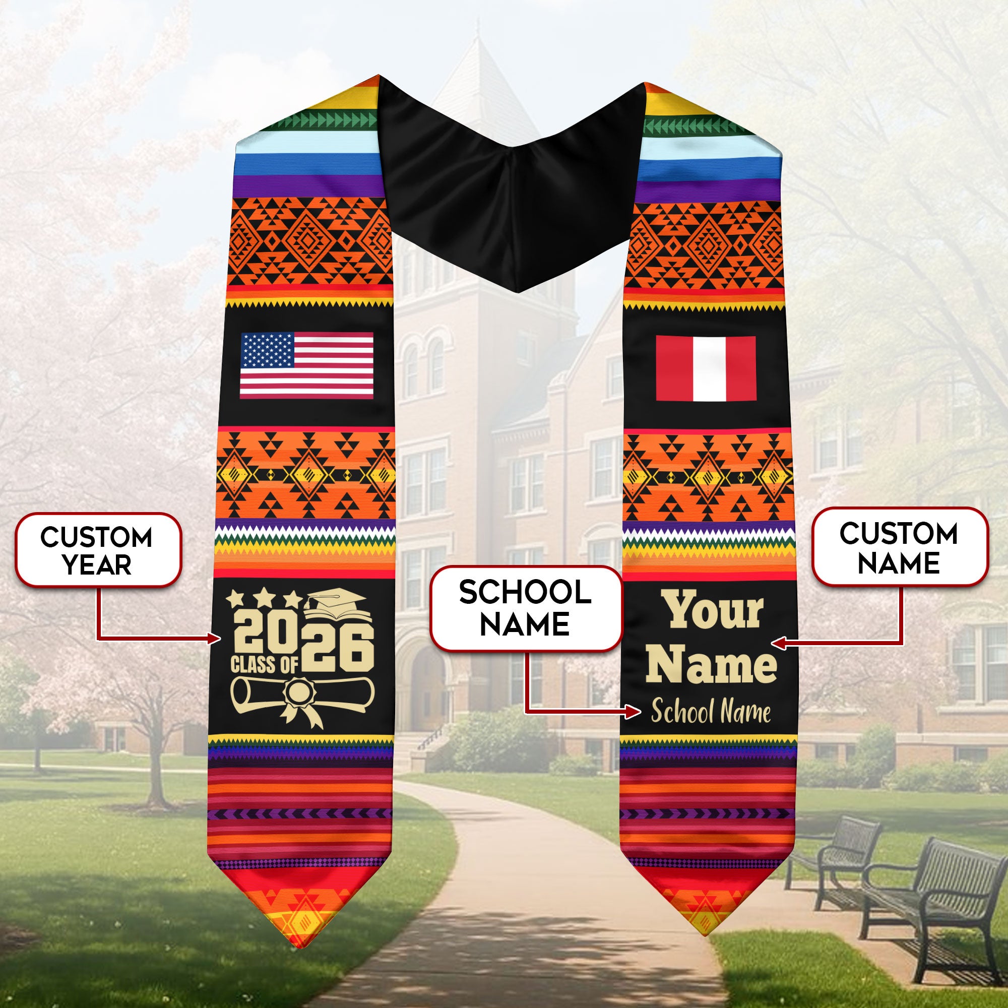 Customized Peru Graduation Stole Featuring National Flag Motif, Graduation Sash for Class of 2026