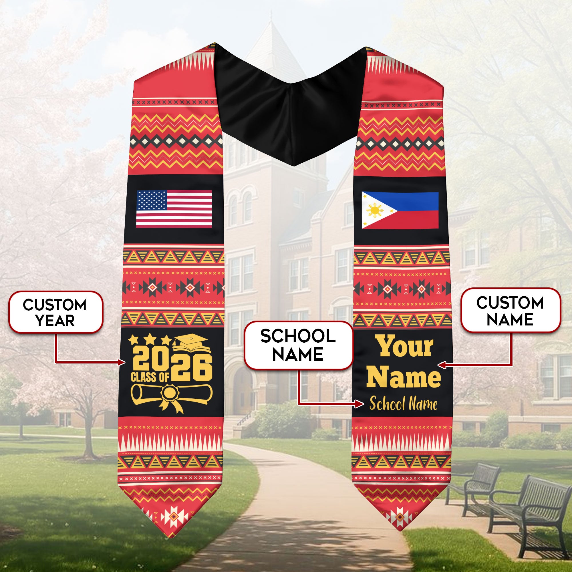 Customized Philippines Graduation Stole Featuring National Flag Motif, Graduation Sash for Class of 2026