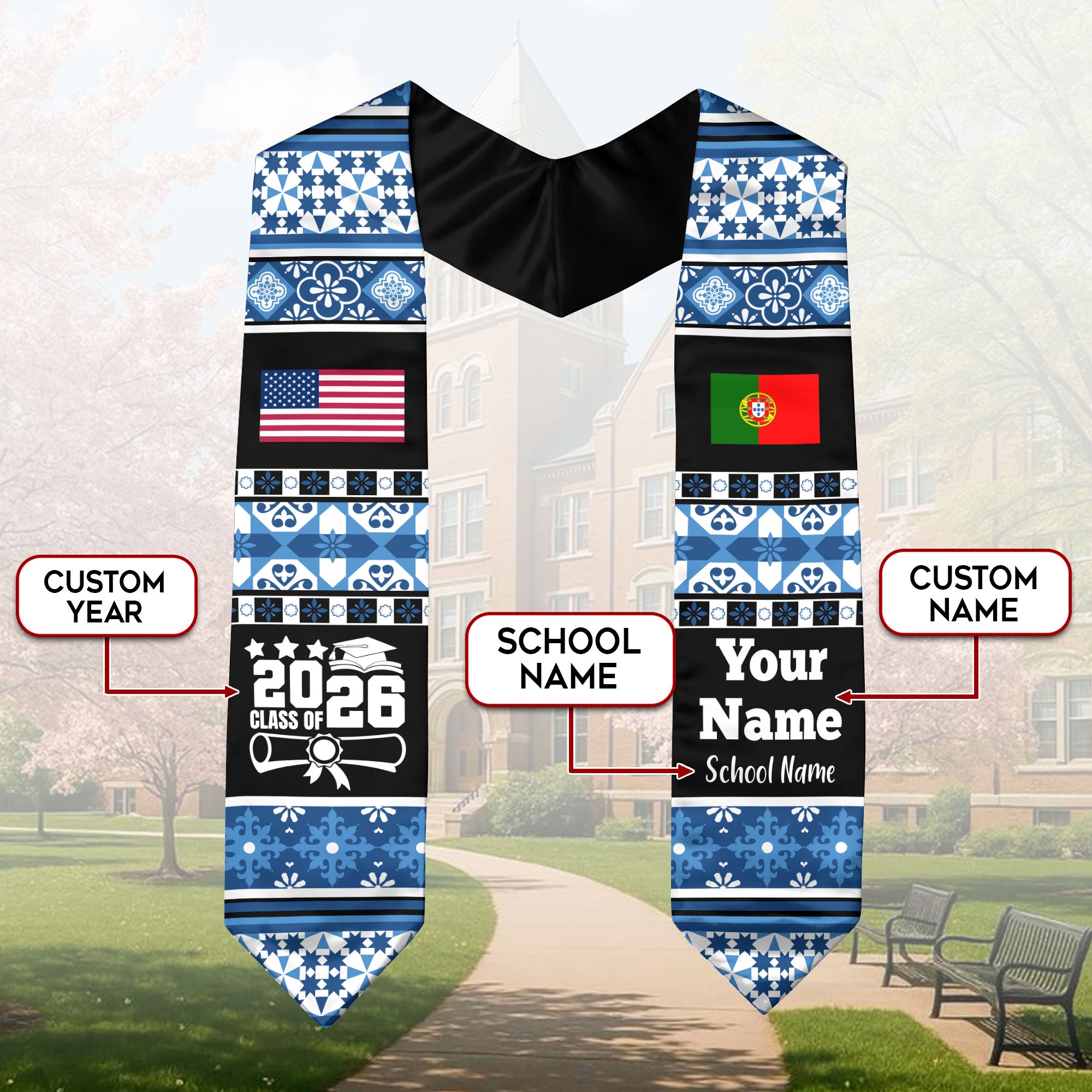 Customized Portugal Graduation Stole Featuring National Flag Motif, Graduation Sash for Class of 2026