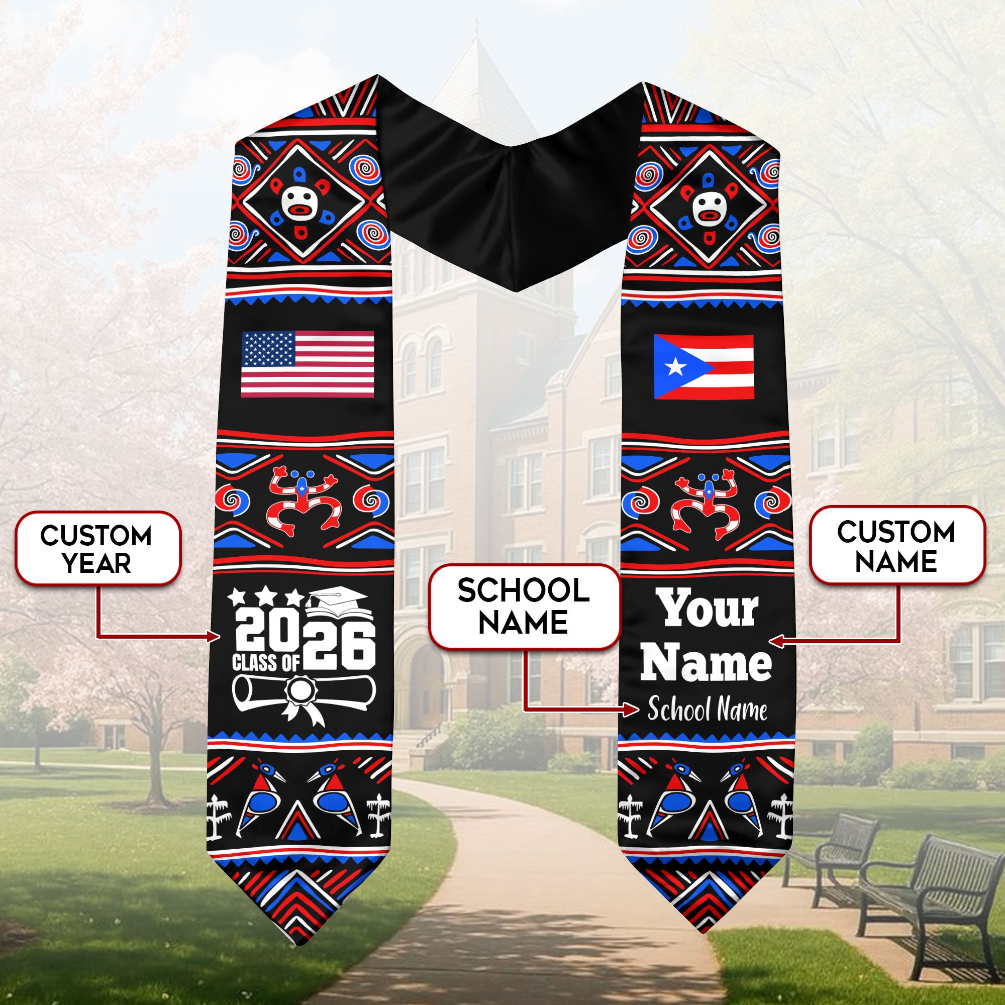 Customized Puerto Rico Graduation Stole Featuring National Flag Motif, Graduation Sash for Class of 2026