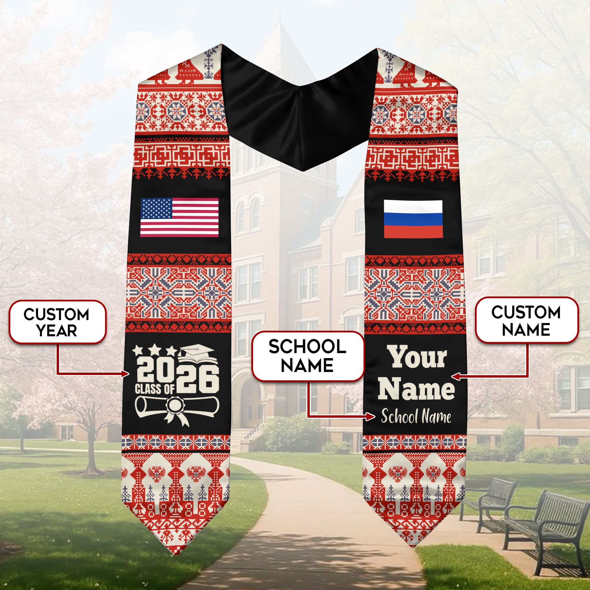 Customized Russia Graduation Stole Featuring National Flag Motif, Graduation Sash for Class of 2026
