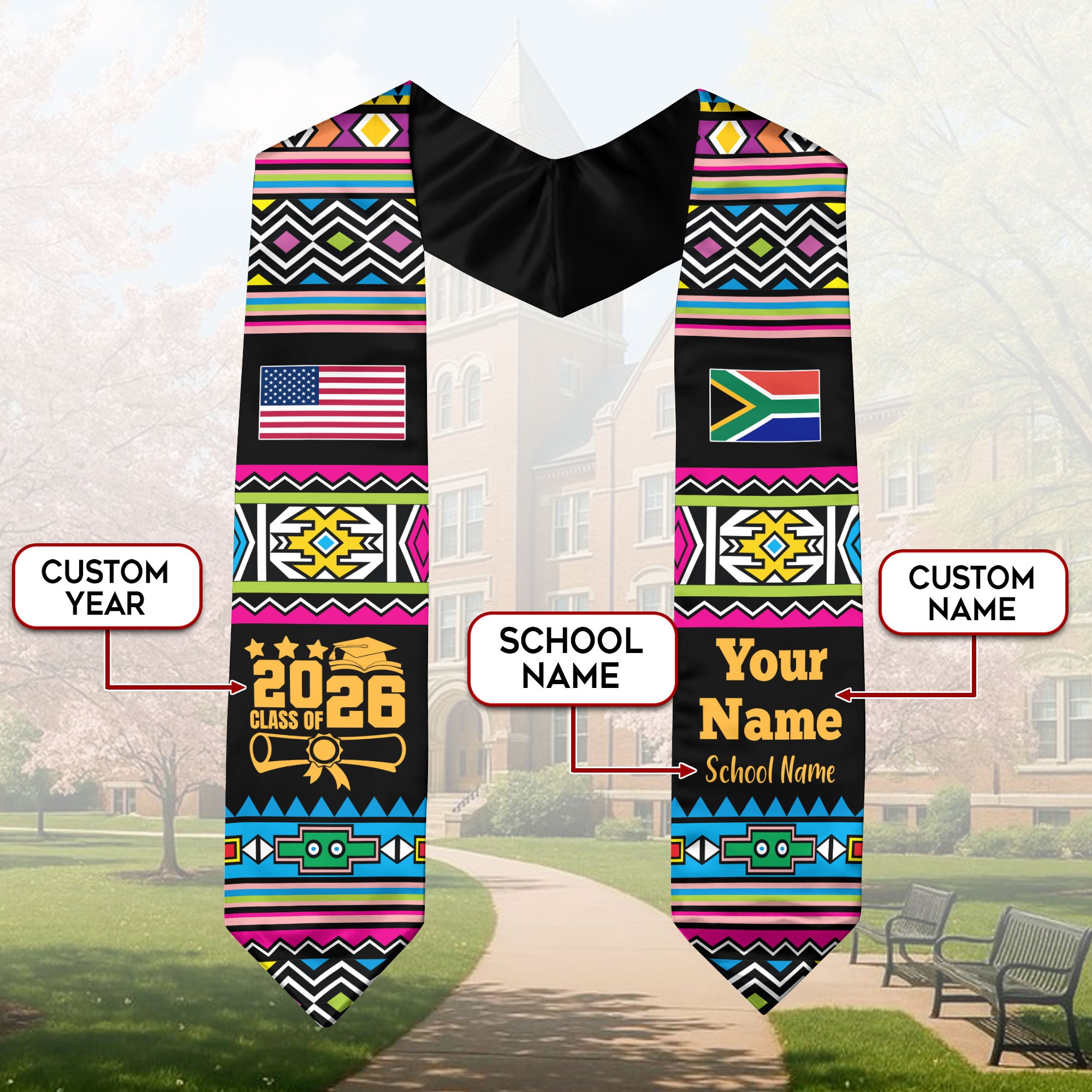 Customized South Africa Graduation Stole Featuring National Flag Motif, Graduation Sash for Class of 2026