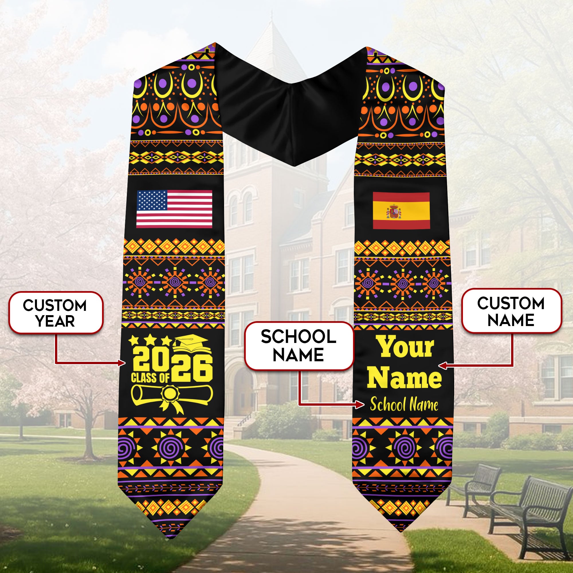 Customized Spain Graduation Stole Featuring National Flag Motif, Graduation Sash for Class of 2026