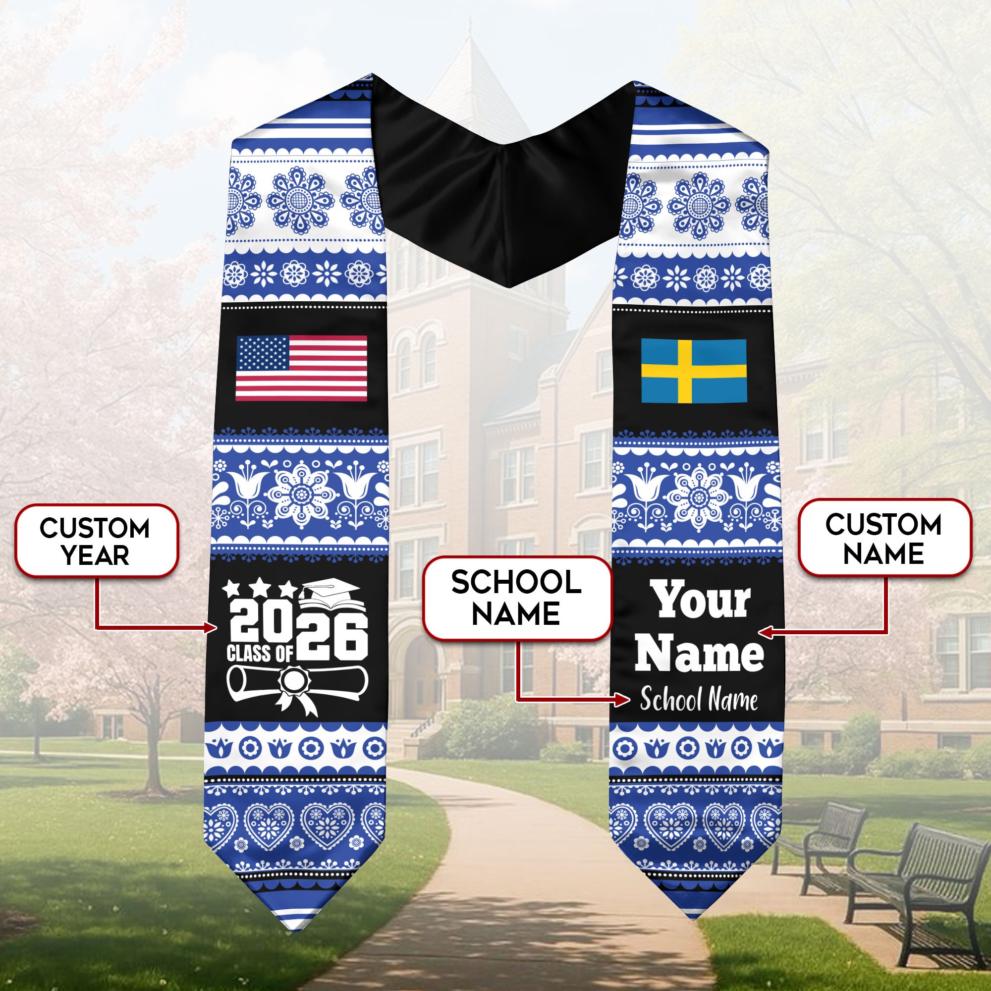 Customized Sweden Graduation Stole Featuring National Flag Motif, Graduation Sash for Class of 2026