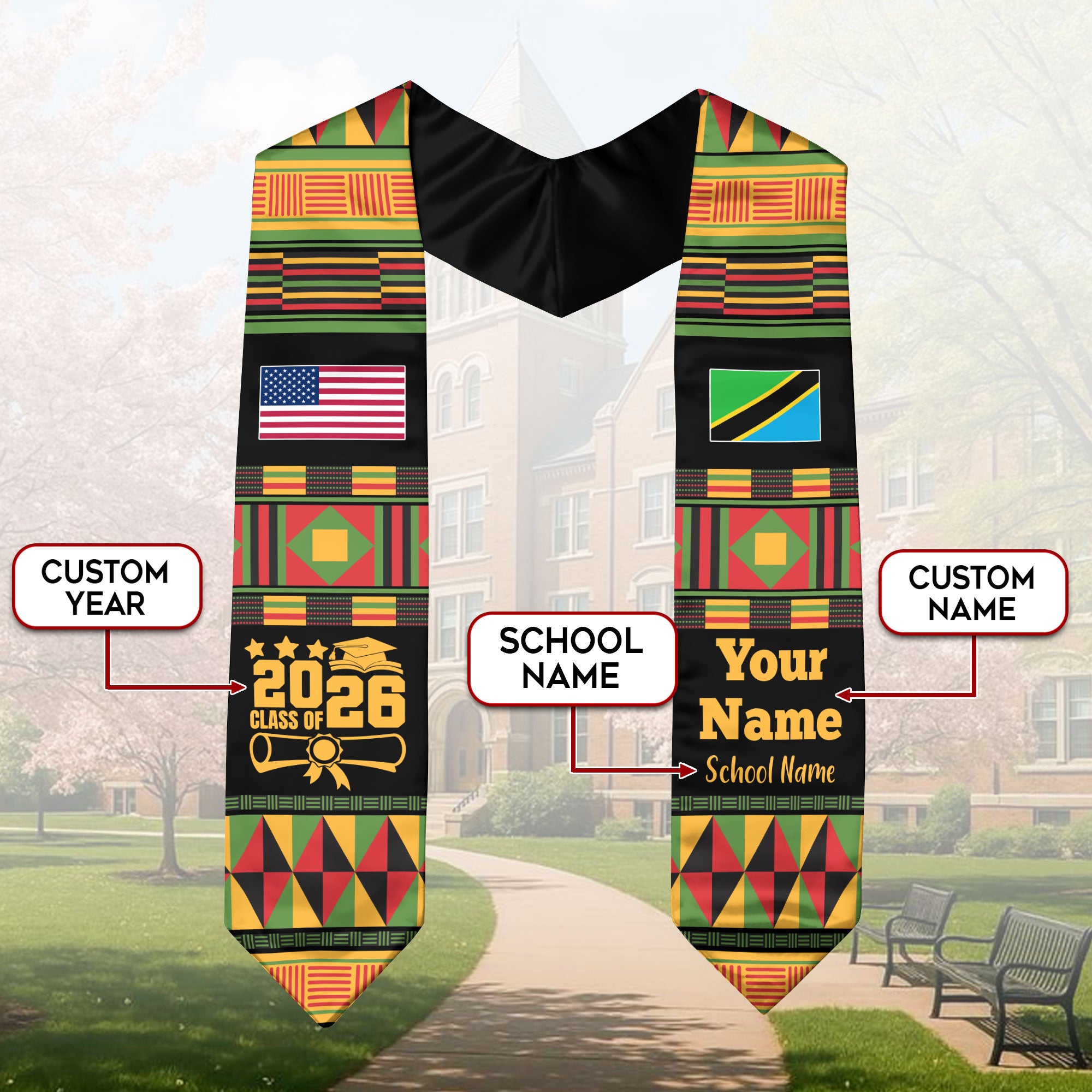 Customized Tanzania Graduation Stole Featuring National Flag Motif, Graduation Sash for Class of 2026