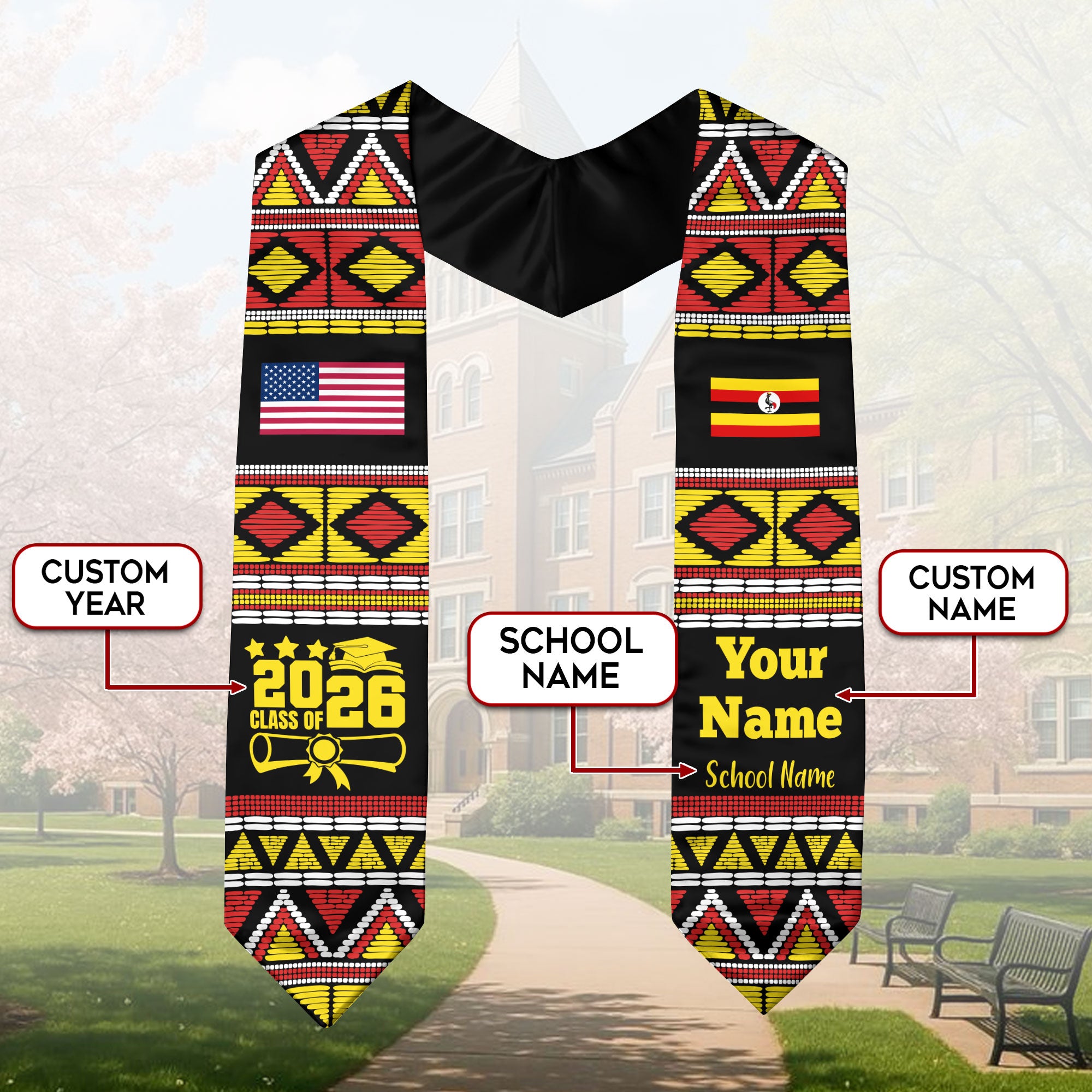Customized Uganda Graduation Stole Featuring National Flag Motif, Graduation Sash for Class of 2026