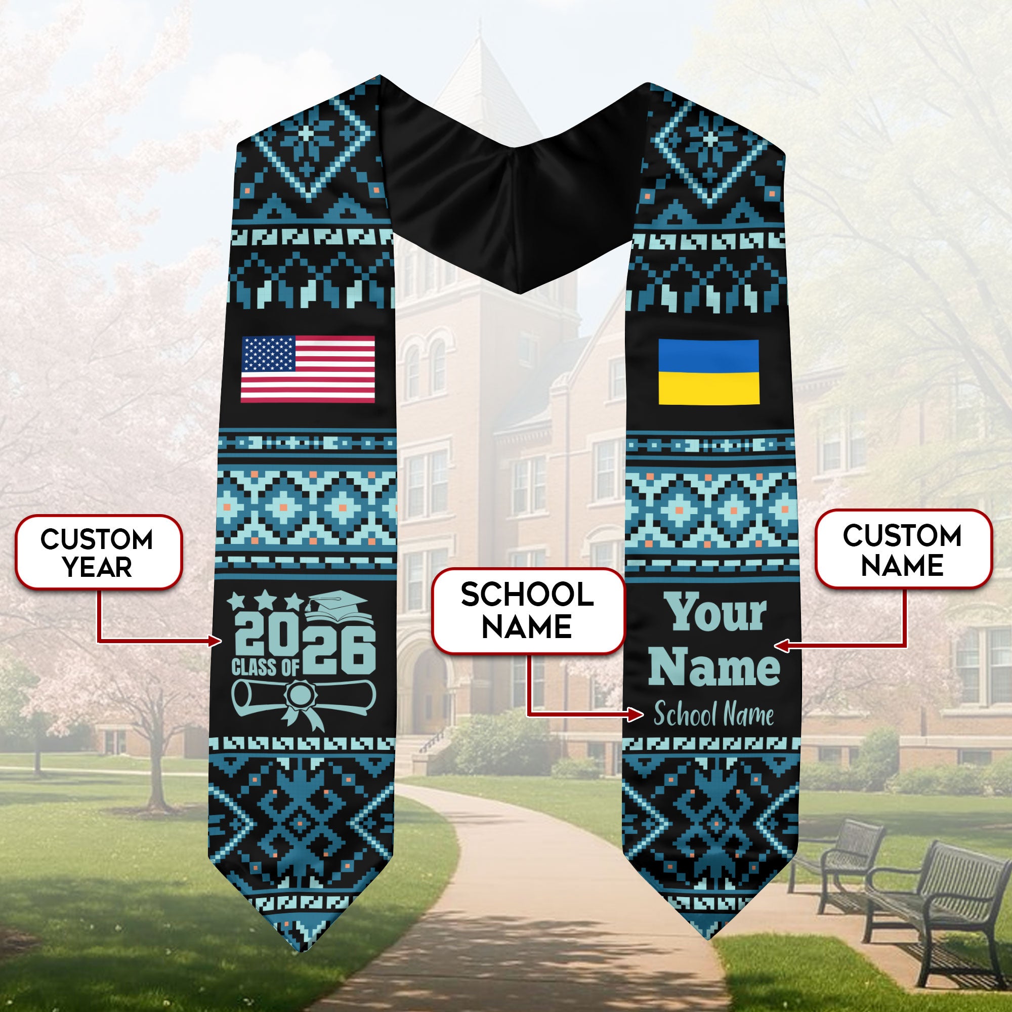 Customized Ukraine Graduation Stole Featuring National Flag Motif, Graduation Sash for Class of 2026