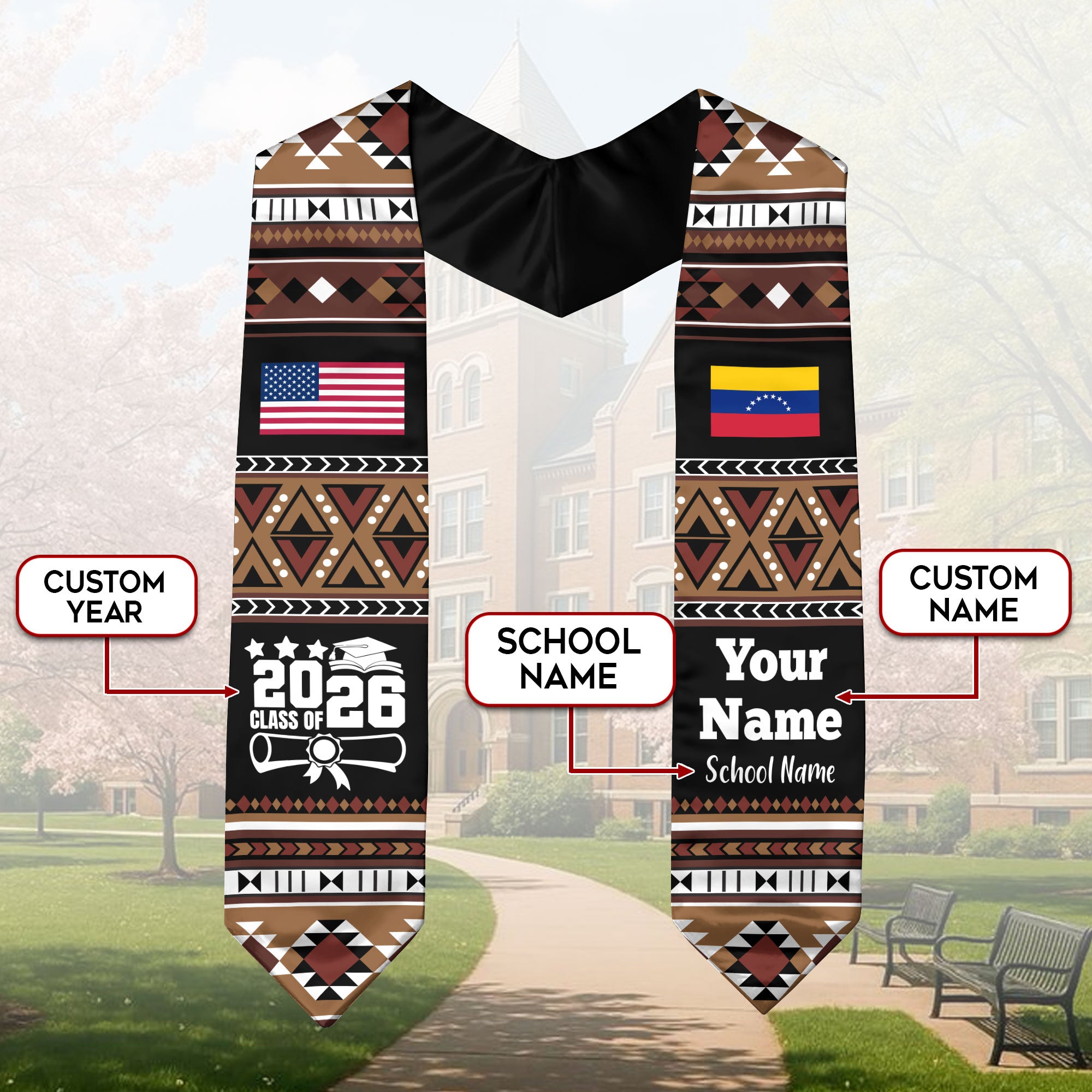 Customized Venezuela Graduation Stole Featuring National Flag Motif, Graduation Sash for Class of 2026