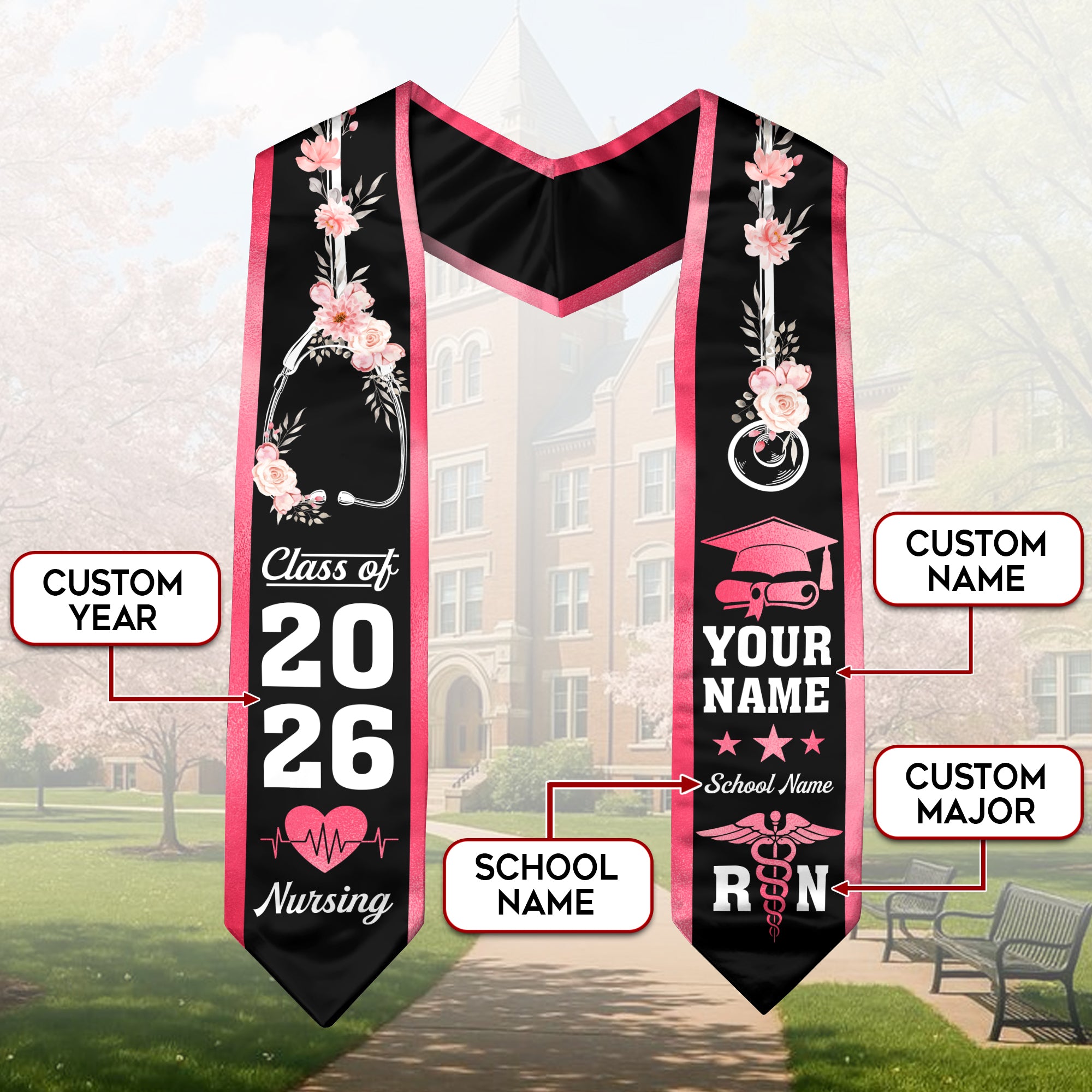 Customized RN Graduation Stole, Nursing Graduation Sash for BSN Nurses, Class of 2026