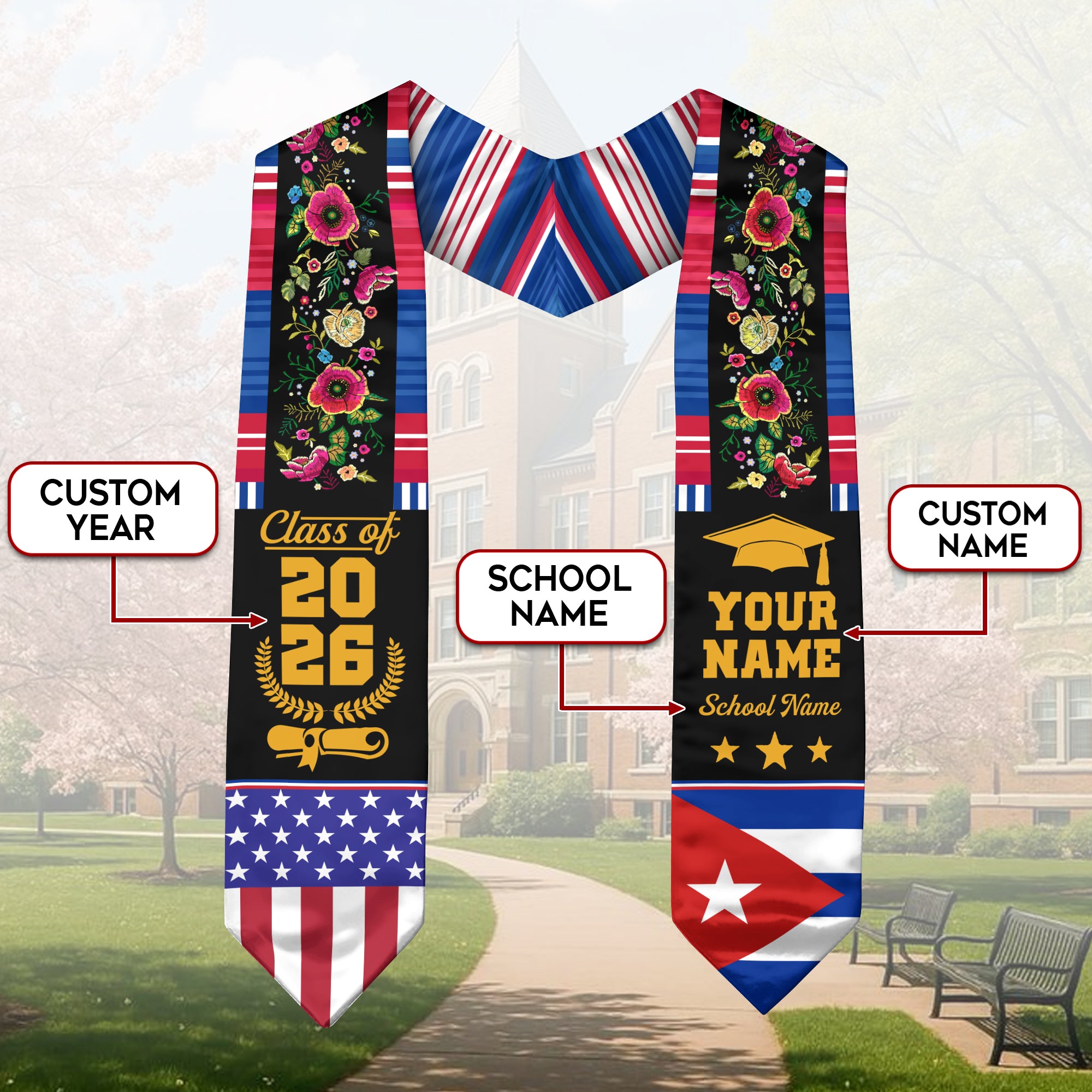 Cuba Graduation Stole 2026, Cuban Flag Sash, Add Personal Detail Option