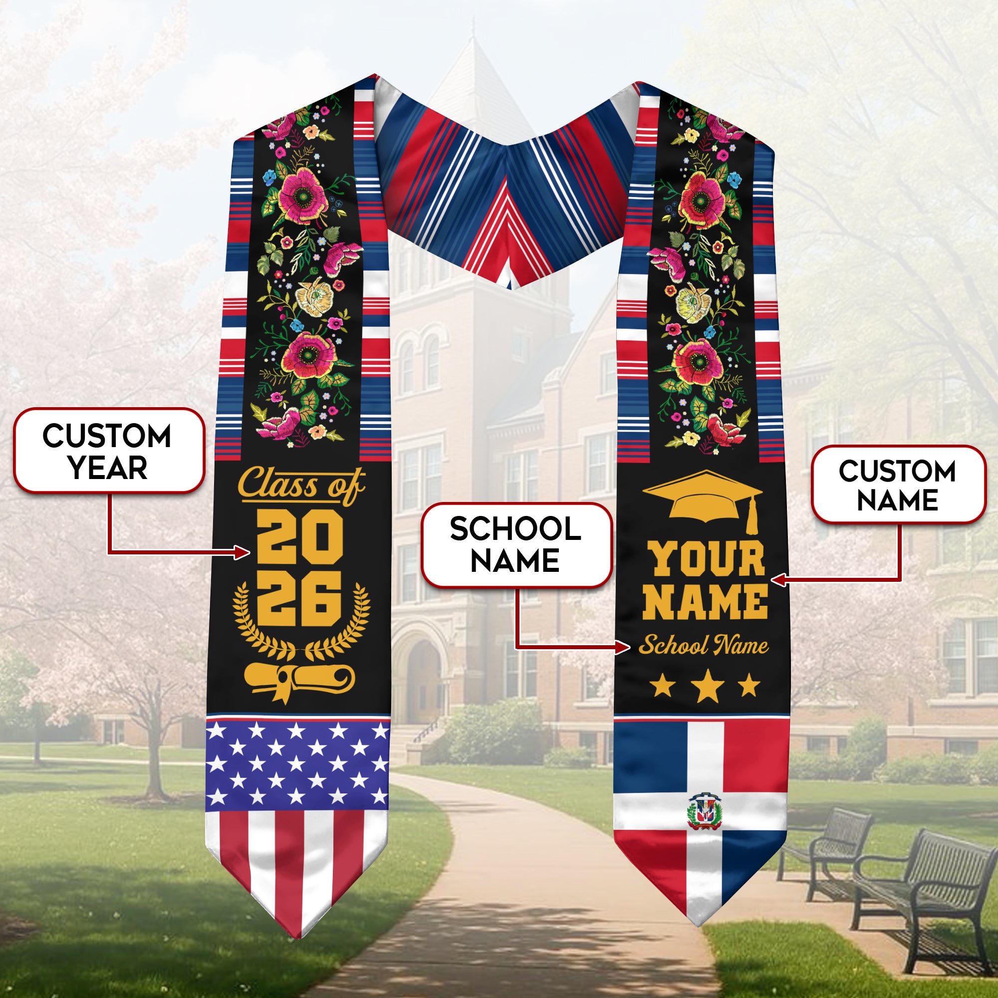 Dominican Republic Graduation Stole 2026, Dominican Flag Sash, Custom Detail