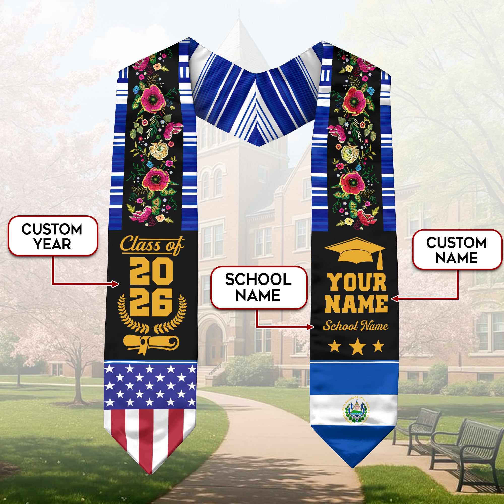El Salvador Graduation Stole 2026, El Salvador Flag Sash, Custom Detail Option