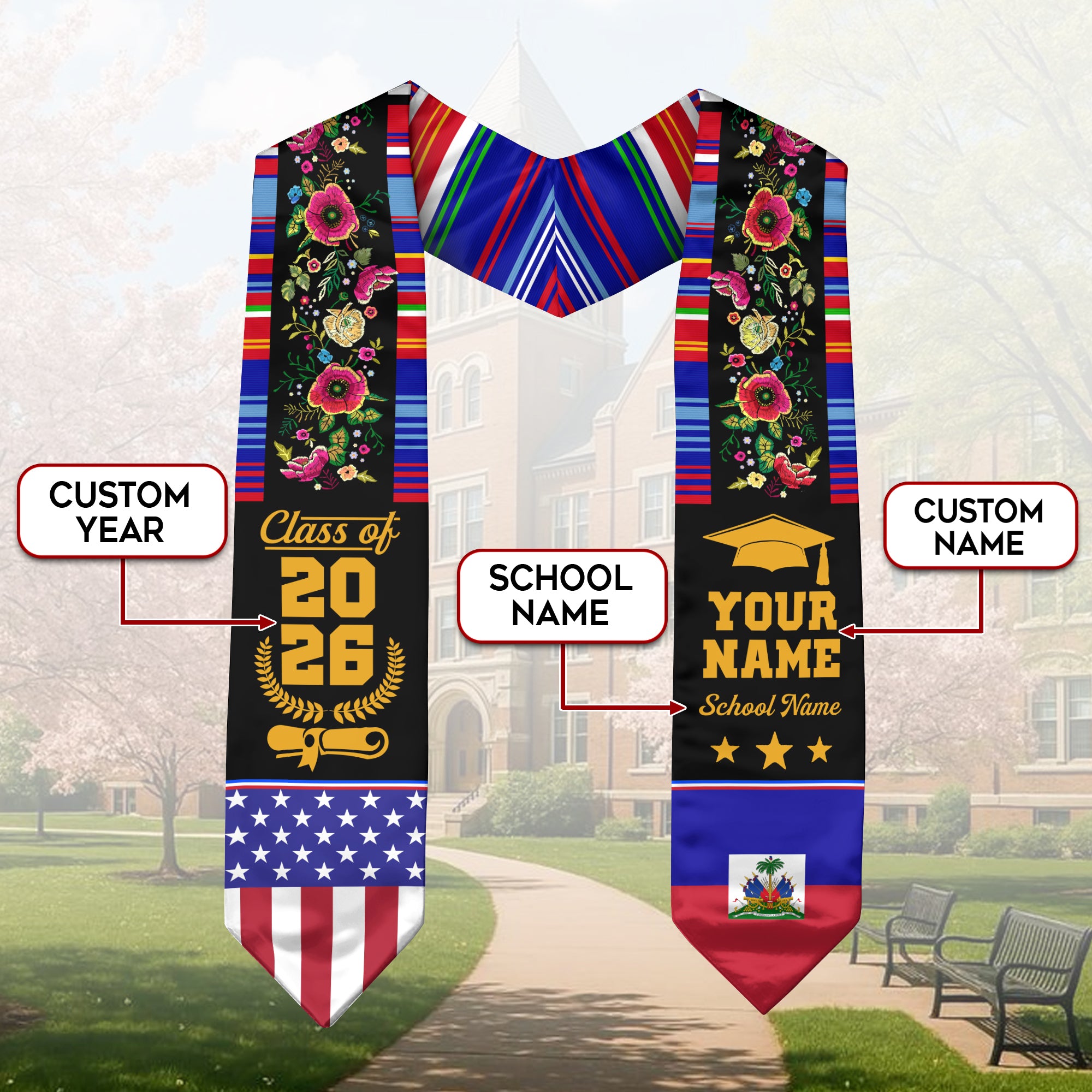 Haiti Graduation Stole 2026, Haitian Flag Sash, Personalized Detail Option