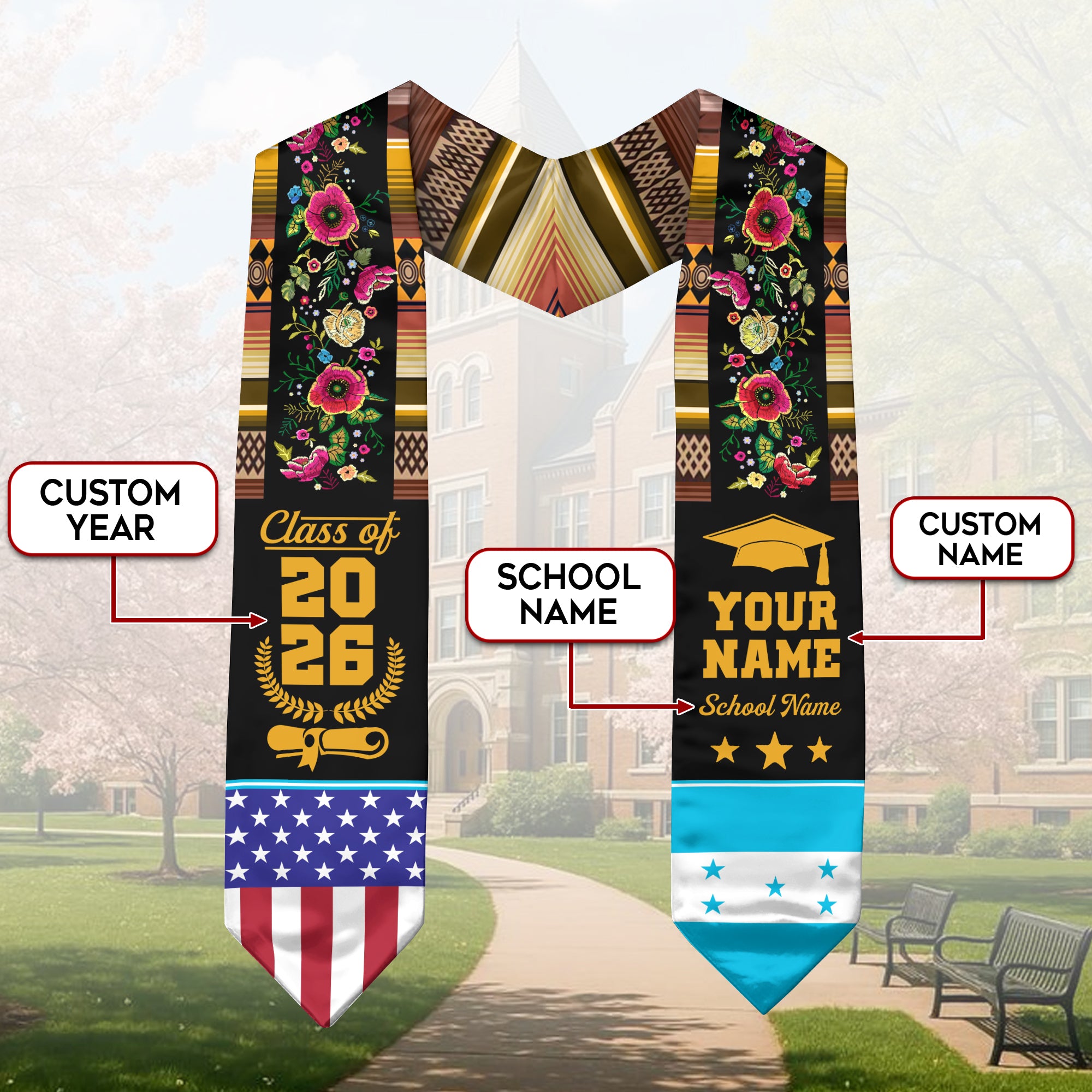 Honduras Graduation Stole 2026, Honduras Flag Sash, Custom Personalization Option
