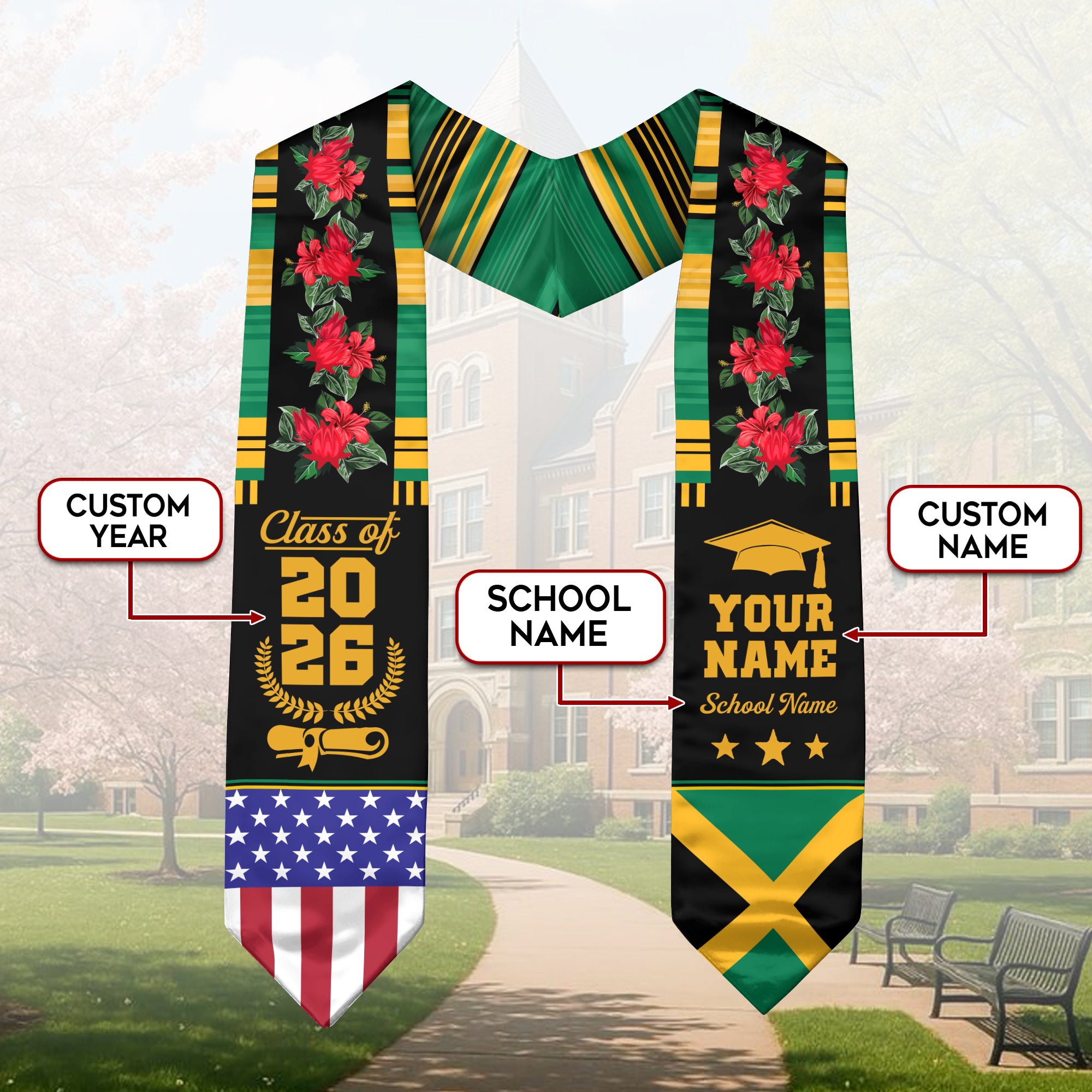 Jamaica Graduation Stole 2026, Jamaican Flag Sash, Add Your Personal Detail
