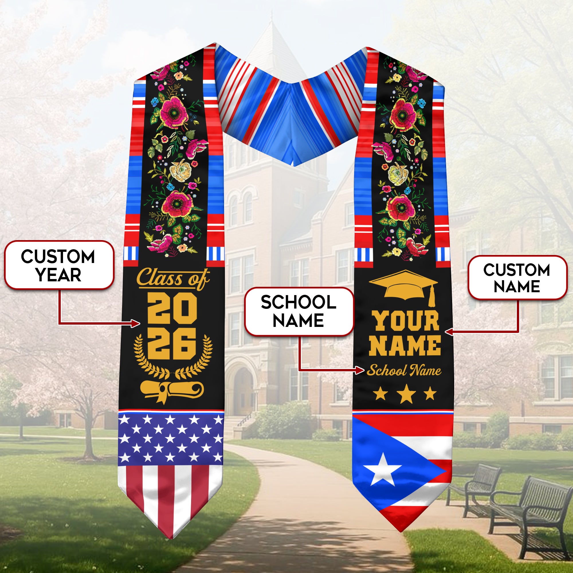 Puerto Rico Graduation Sash 2026, Puerto Rican Flag Stole, Personal Detail Option