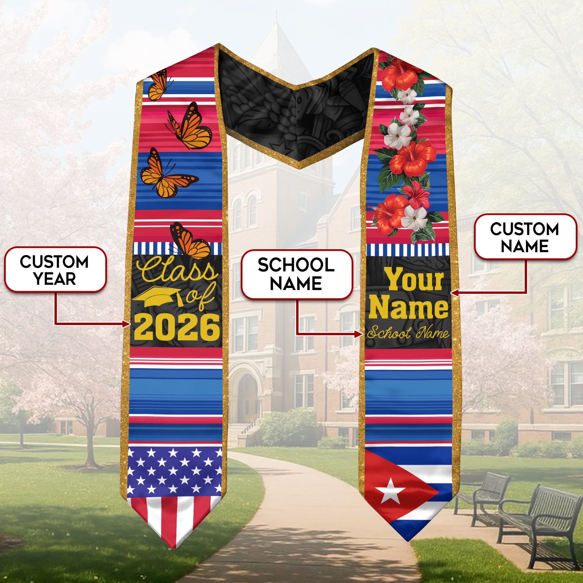 2026 Cuba Flag Graduation Sash, Cuba Stole, Personal Detail Option
