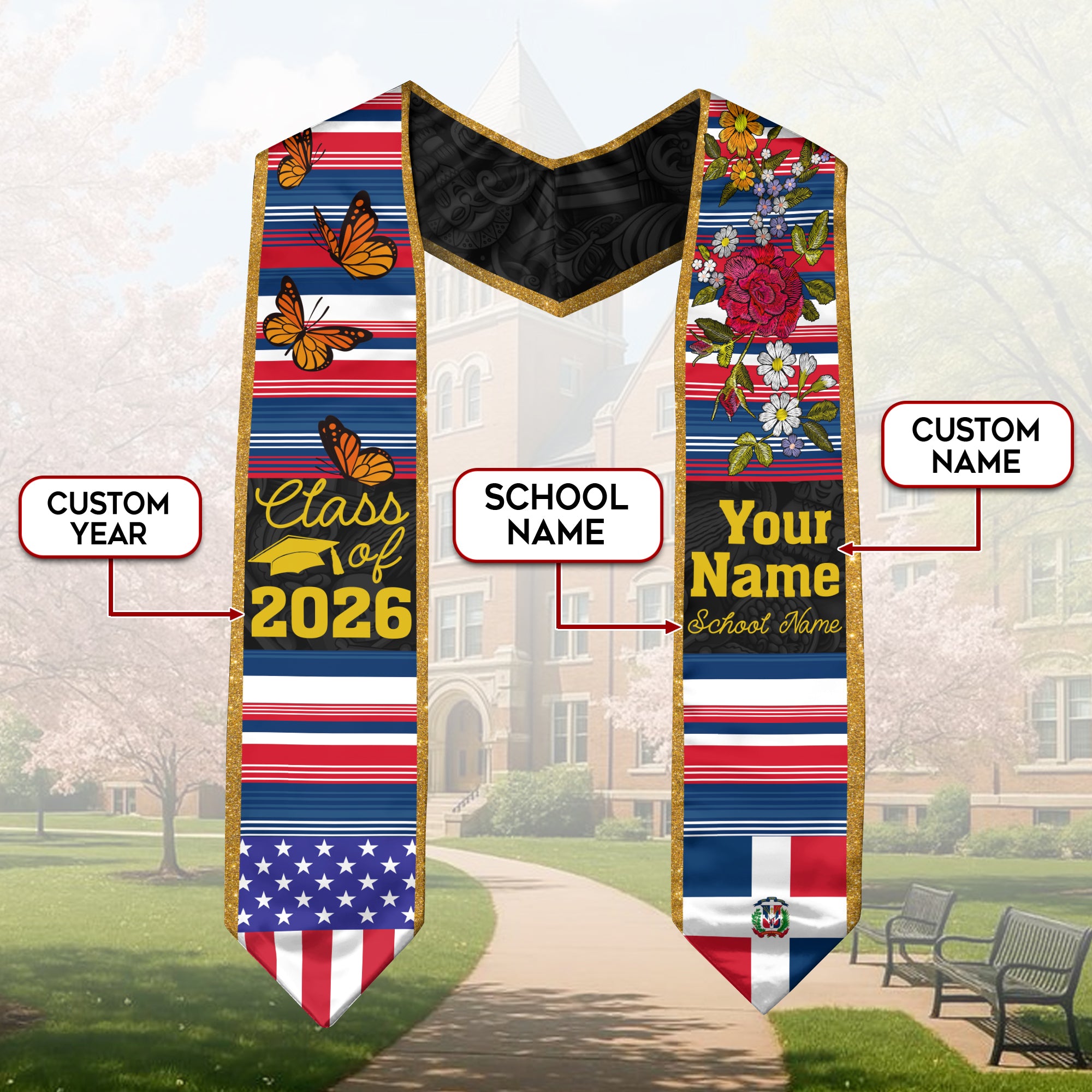 2026 Dominican Republic Flag Graduation Sash, Dominican Stole, Personal Detail